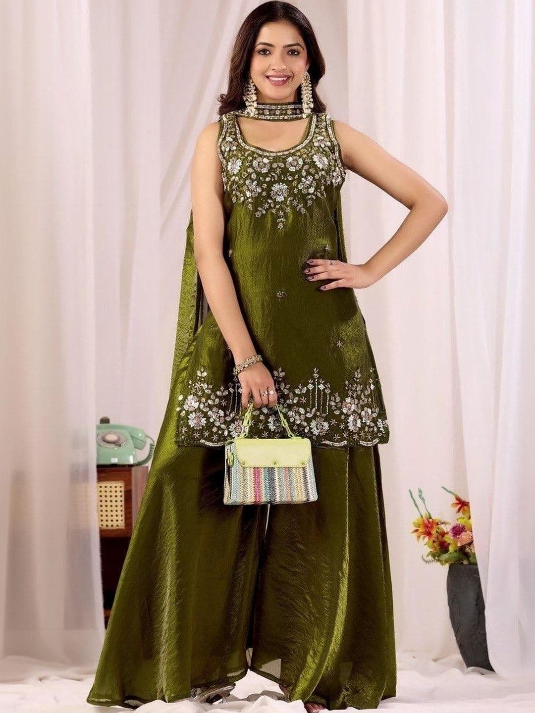 VASTRA HERITAGE Women Ethnic Motifs Embroidered Regular Sequinned Pure Silk Kurta with Sharara & With Dupatta - view 1