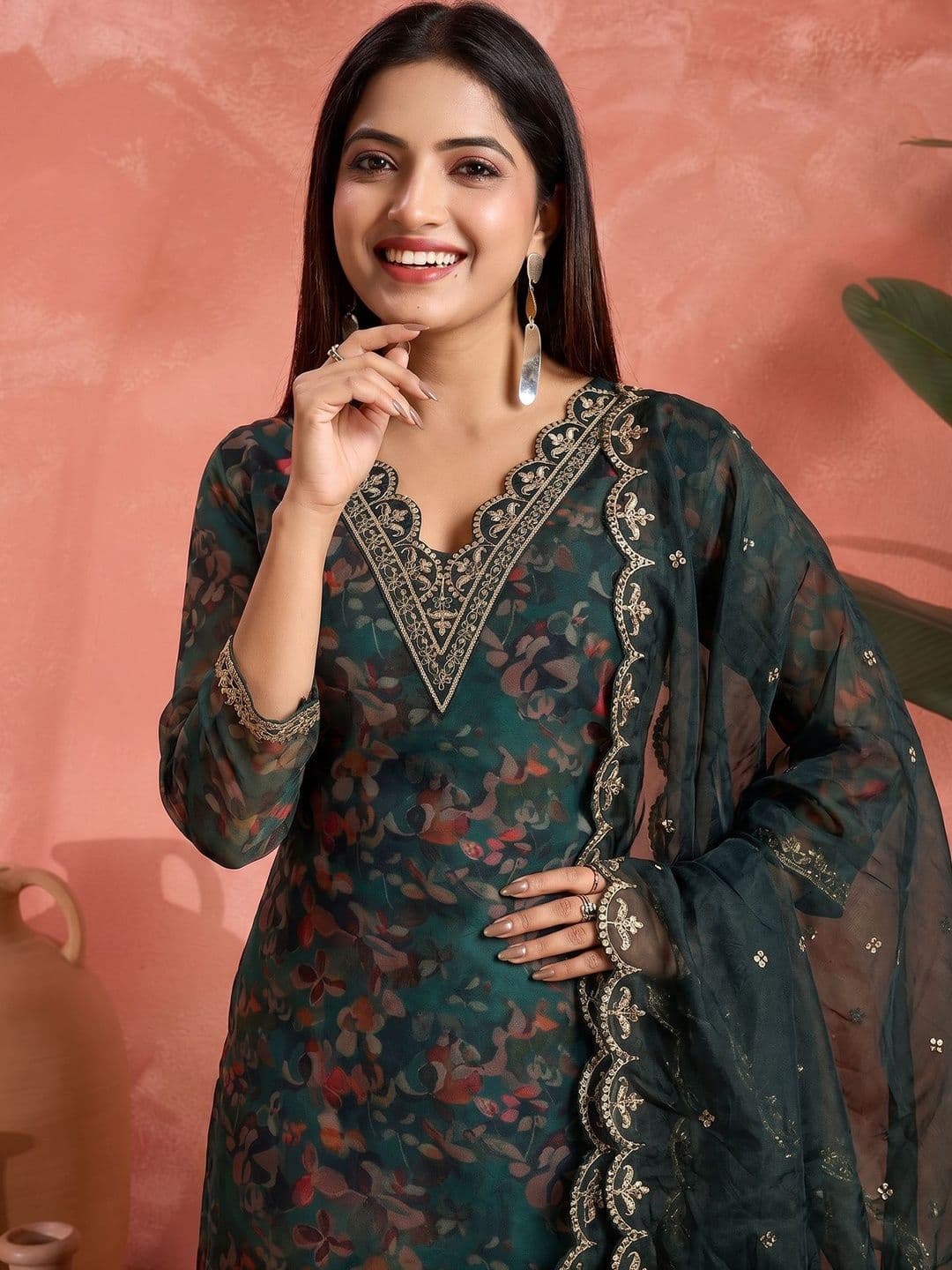 Sangria Women Floral Printed Regular Kurta with Trousers & With Dupatta - view 1