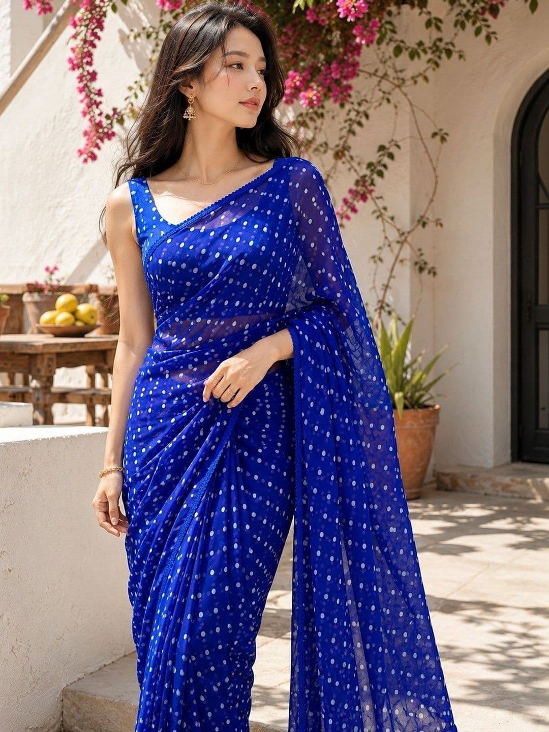 Moda Rapido Polka Dot Poly Georgette Designer Maheshwari Saree - view 1