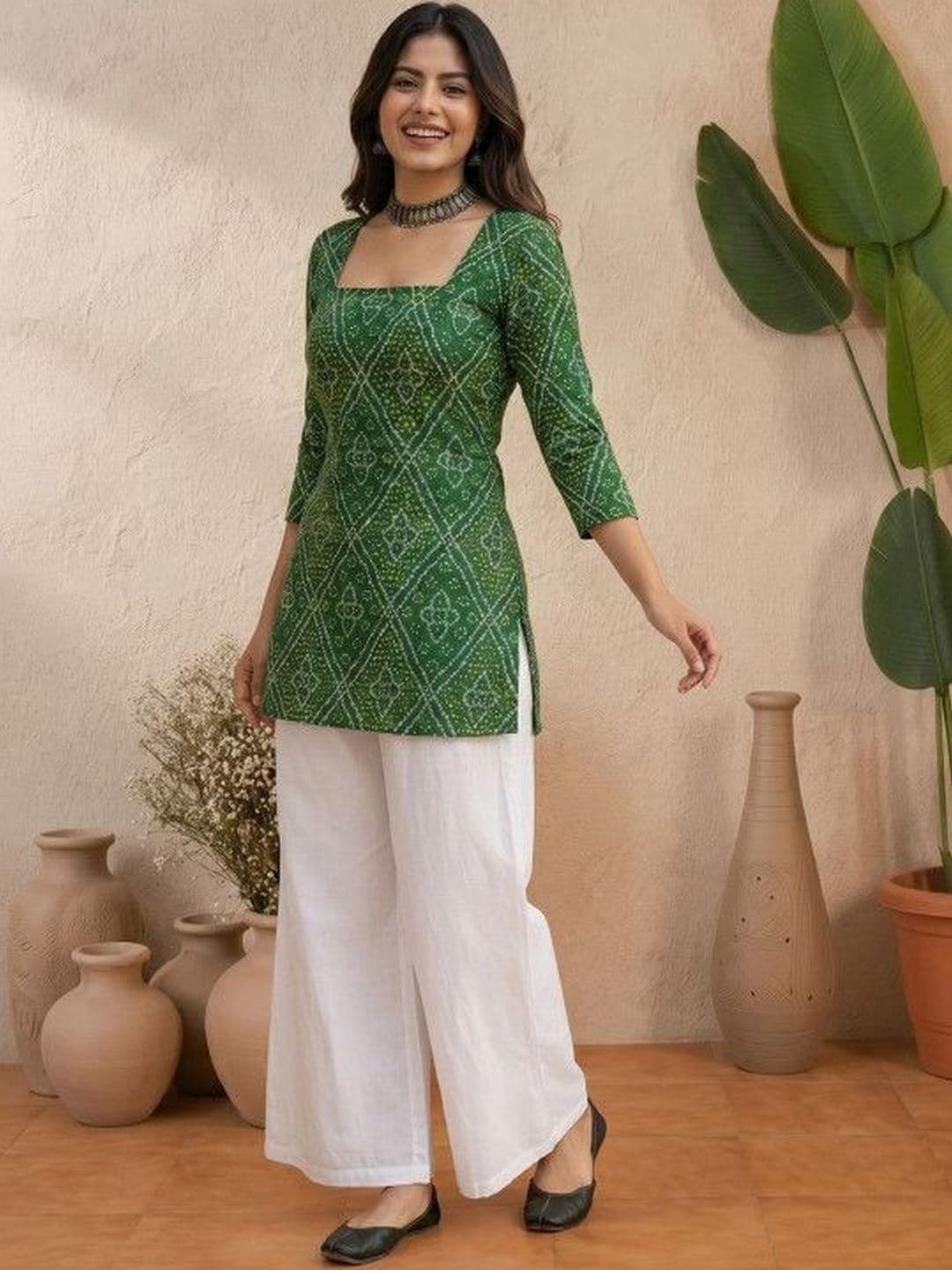Sangria Bandhani Printed Square Neck Pure Cotton Blend Handloom Kurti - view 1