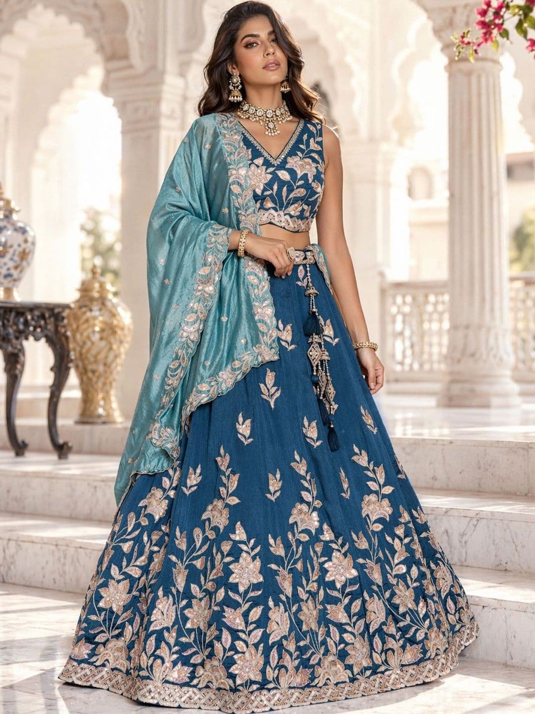 NAVYAAZRI Embroidered Sequinned Semi-Stitched Lehenga & Unstitched Blouse With Dupatta - view 1