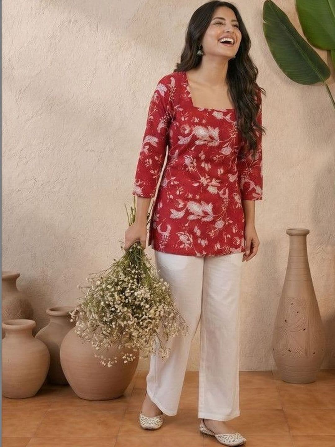 Sangria Botanical Printed Square Neck Pure Cotton Blend Handloom Kurti - view 1