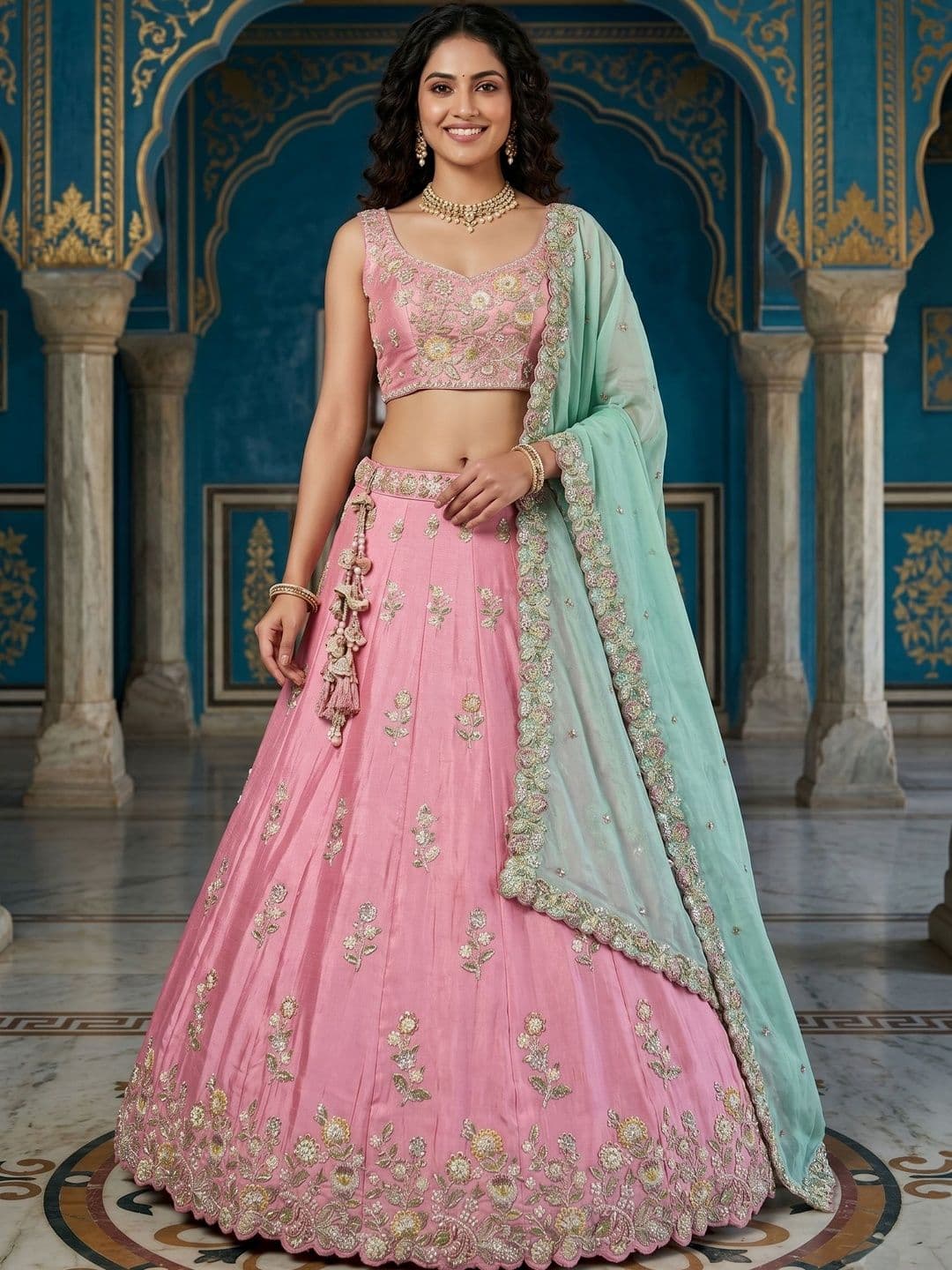 KALINI Embroidered Sequinned Semi-Stitched Lehenga & Unstitched Blouse With Dupatta - view 1