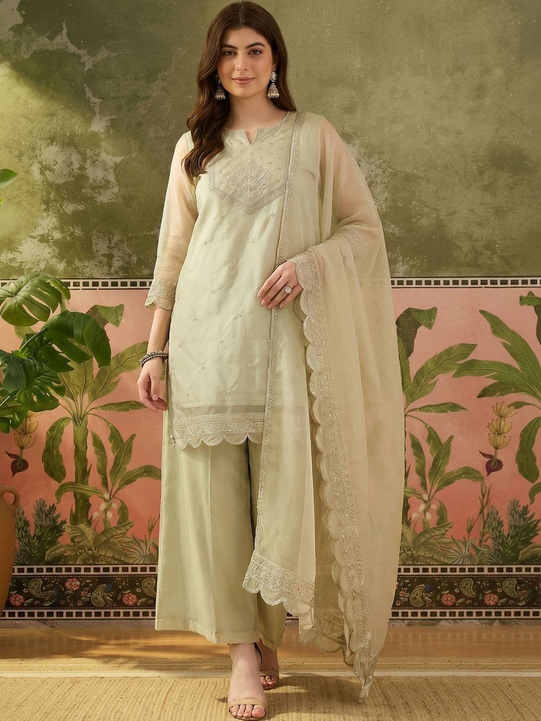 Sangria Women Ethnic Motifs Embroidered Regular Sequinned Kurta with Trousers & With Dupatta - view 1