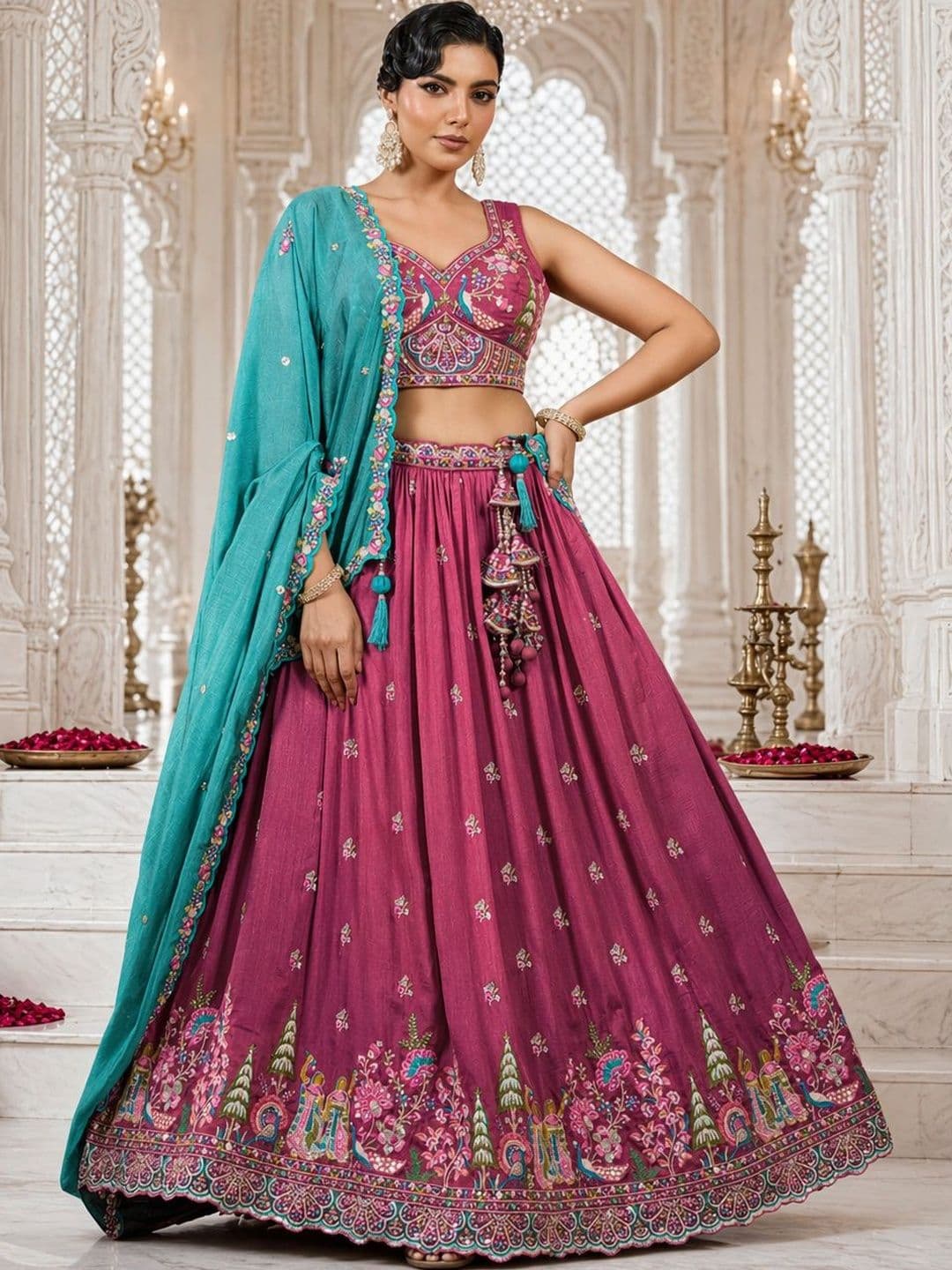 NAVYAAZRI Embroidered Semi-Stitched Silk Lehenga & Blouse With Dupatta - view 1