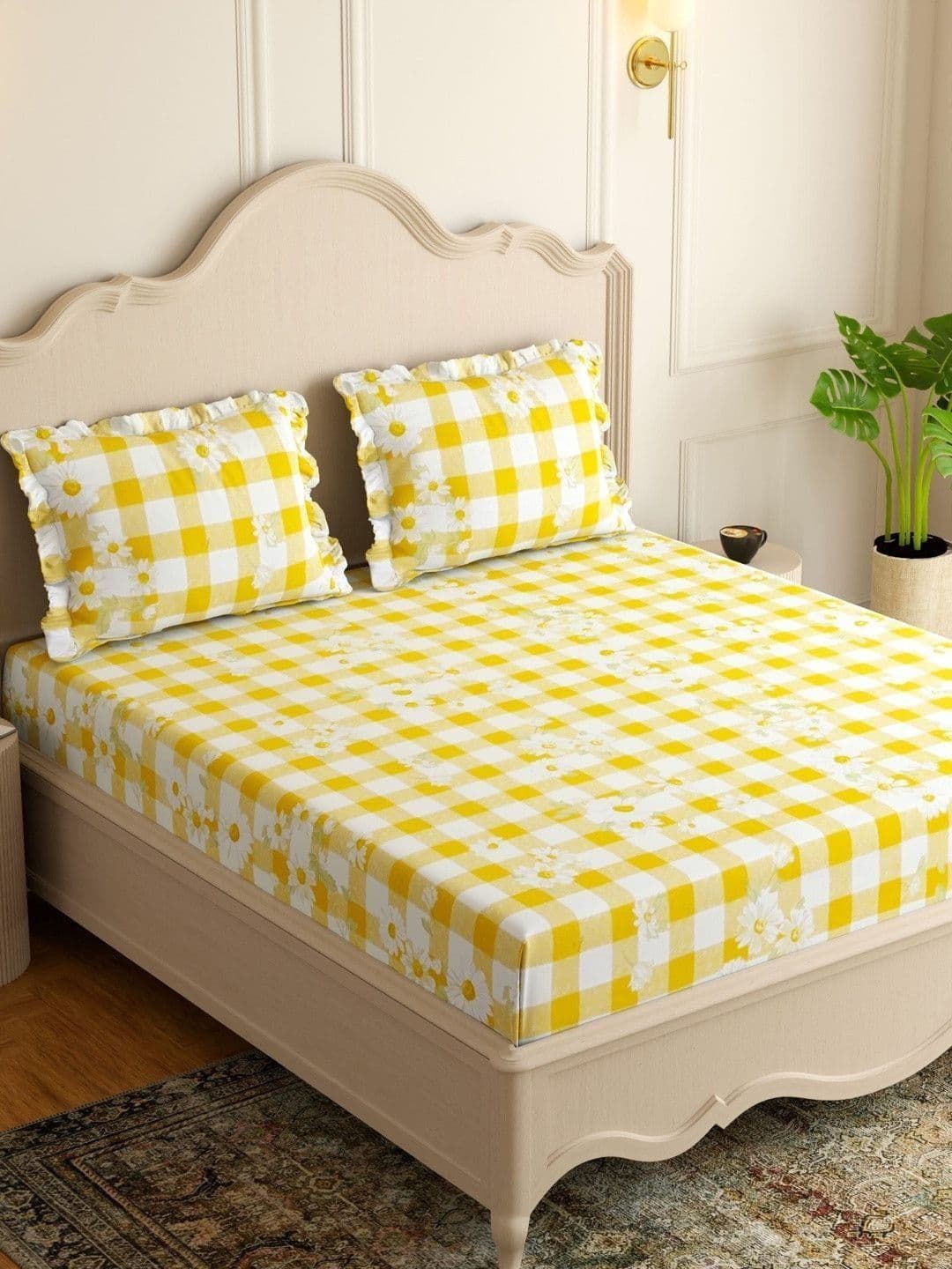 Pure Decor White Cotton Feel Floral King Double Bed Bedsheet With 2 Frill Pillow Covers - view 1