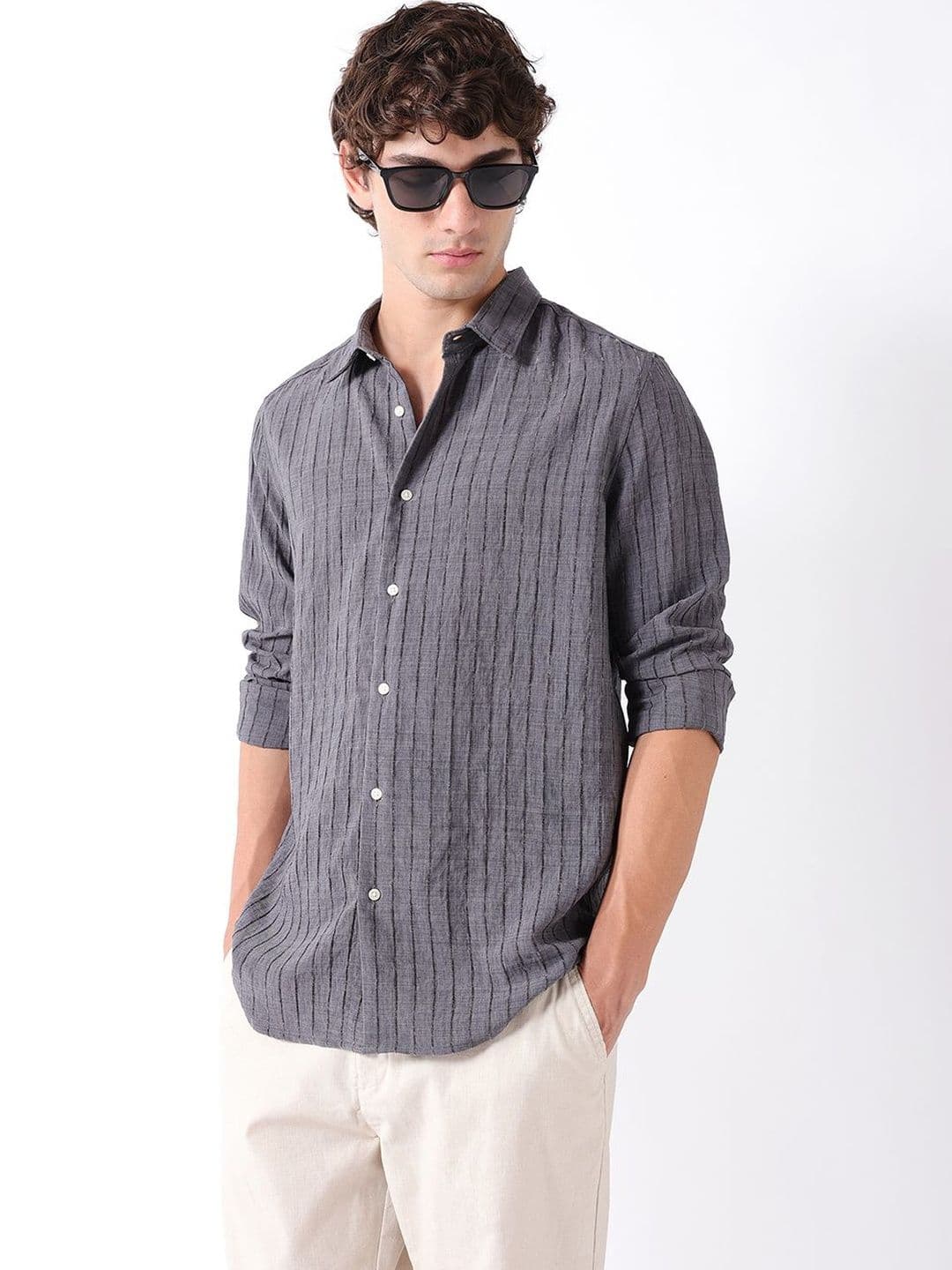 THE BEAR HOUSE Men Chenille Striped Slim Fit Textured Shirt - view 1