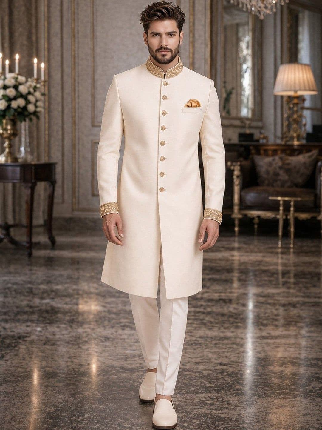 House of Pataudi Embroidered Cotton Sherwani Set