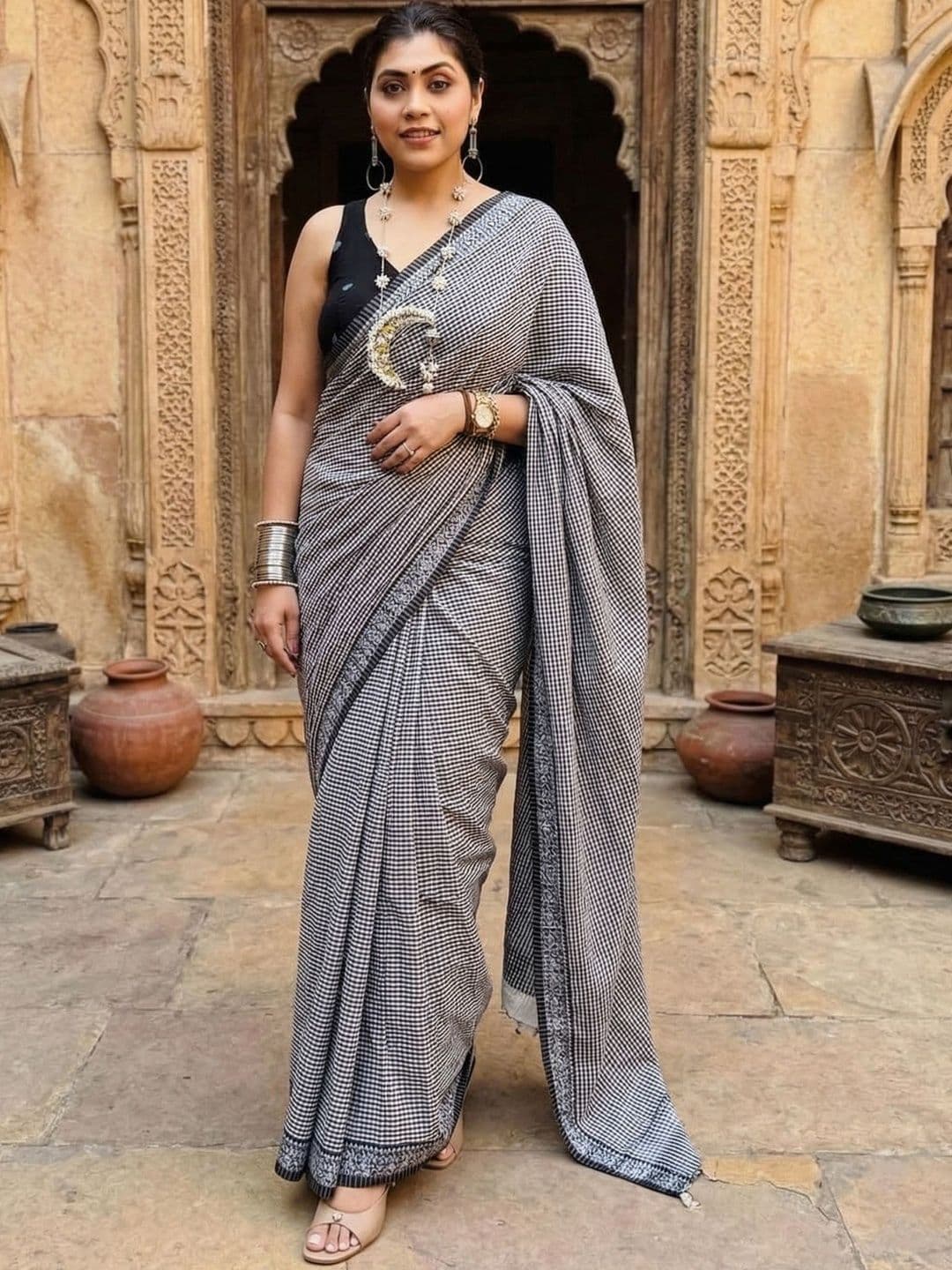 Anjaneya Sarees Checked Linen Blend Handloom Block Print Saree - view 1