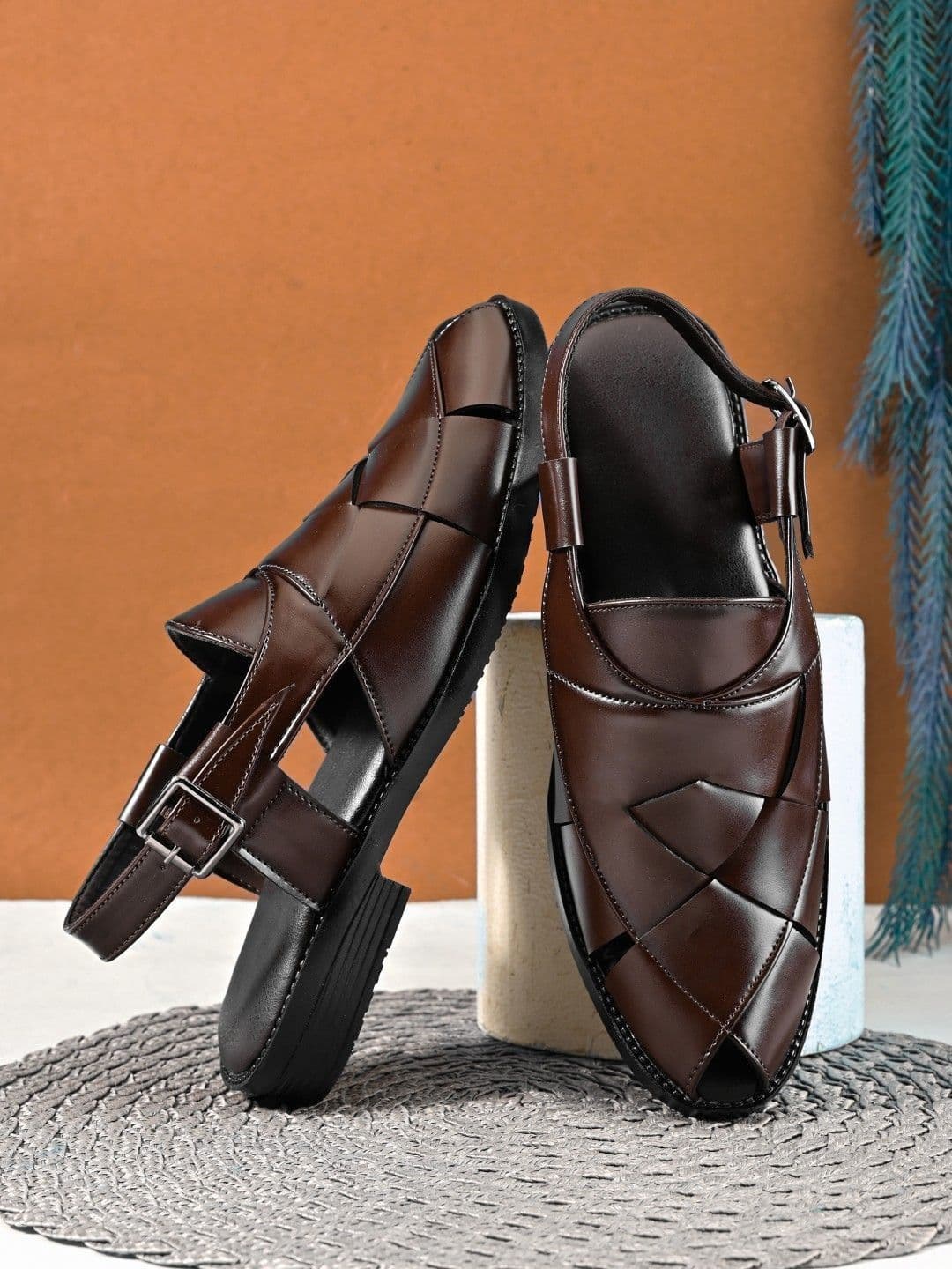 HERE&NOW Men Brown Synthetic Leather Casual Comfort Lightweight Slip On Shoe Style Sandals - view 1