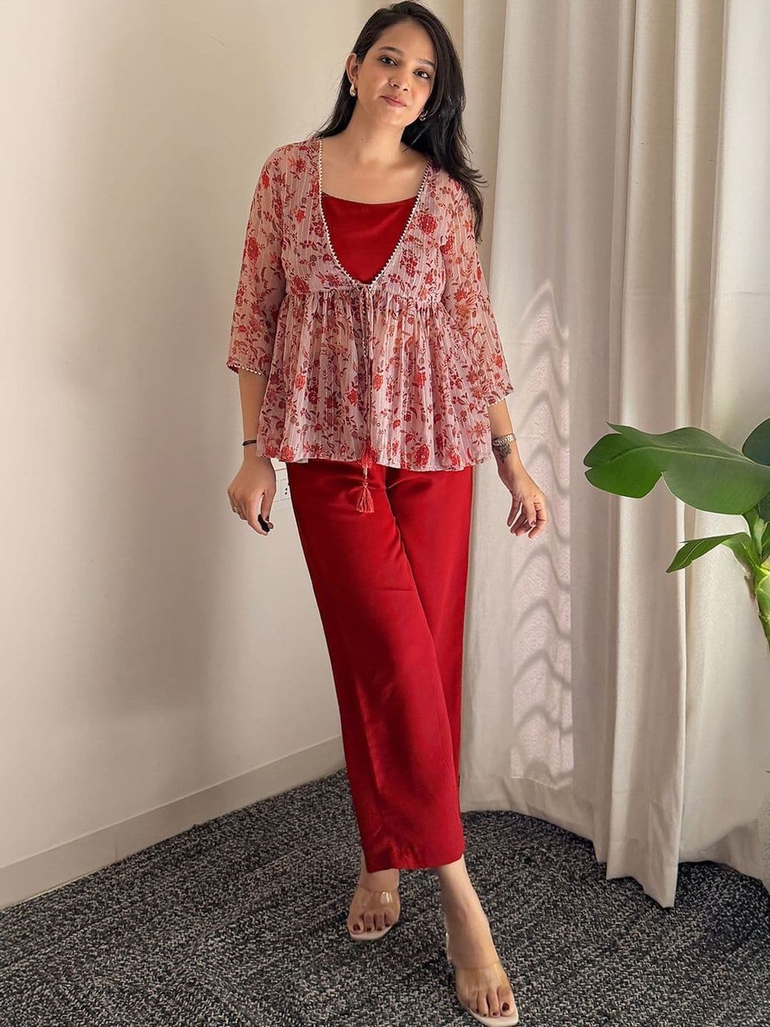 Janasya Women Solid Shoulder Straps Crop Top & Trousers with Floral Print Shrug - view 1