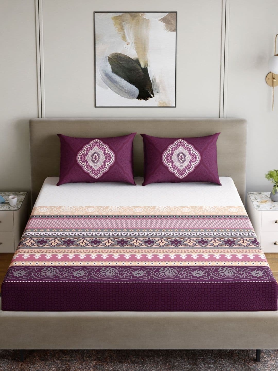 Dreamscape Purple Ethnic Motifs 140 TC Queen Bedsheet with 2 Pillow Covers - view 1