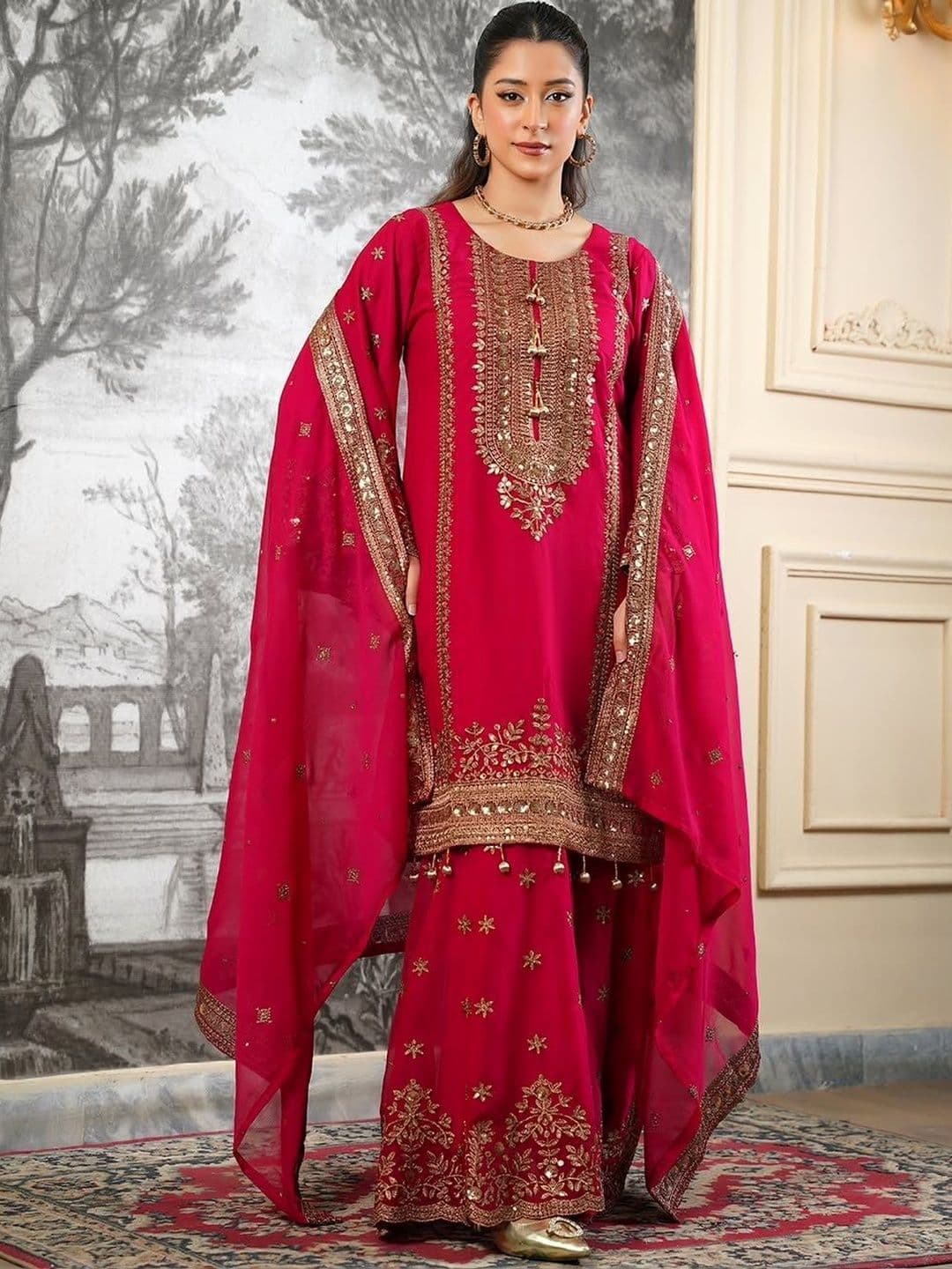KALINI Women Ethnic Motifs Embroidered Regular Gotta Patti Kurta with Sharara & With Dupatta - view 1