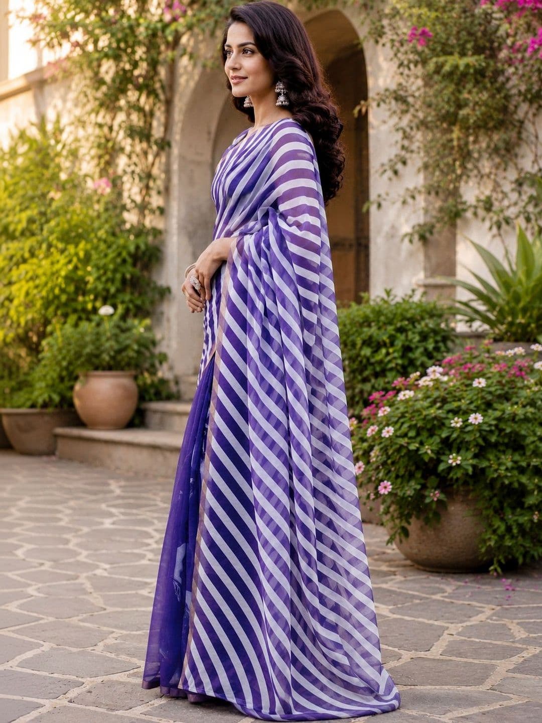 Elora Grape Purple & White Chanderi Cotton Leheriya Printed Ready To Wear Saree - view 1