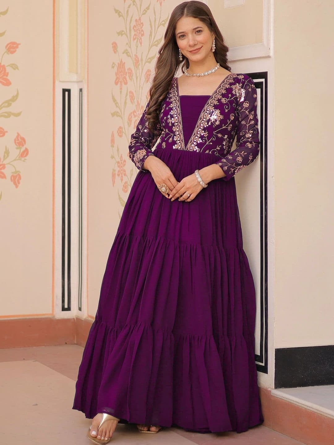 Sangria Embroidered Sequinned Fit & Flare Maxi Ethnic Dresses - view 1