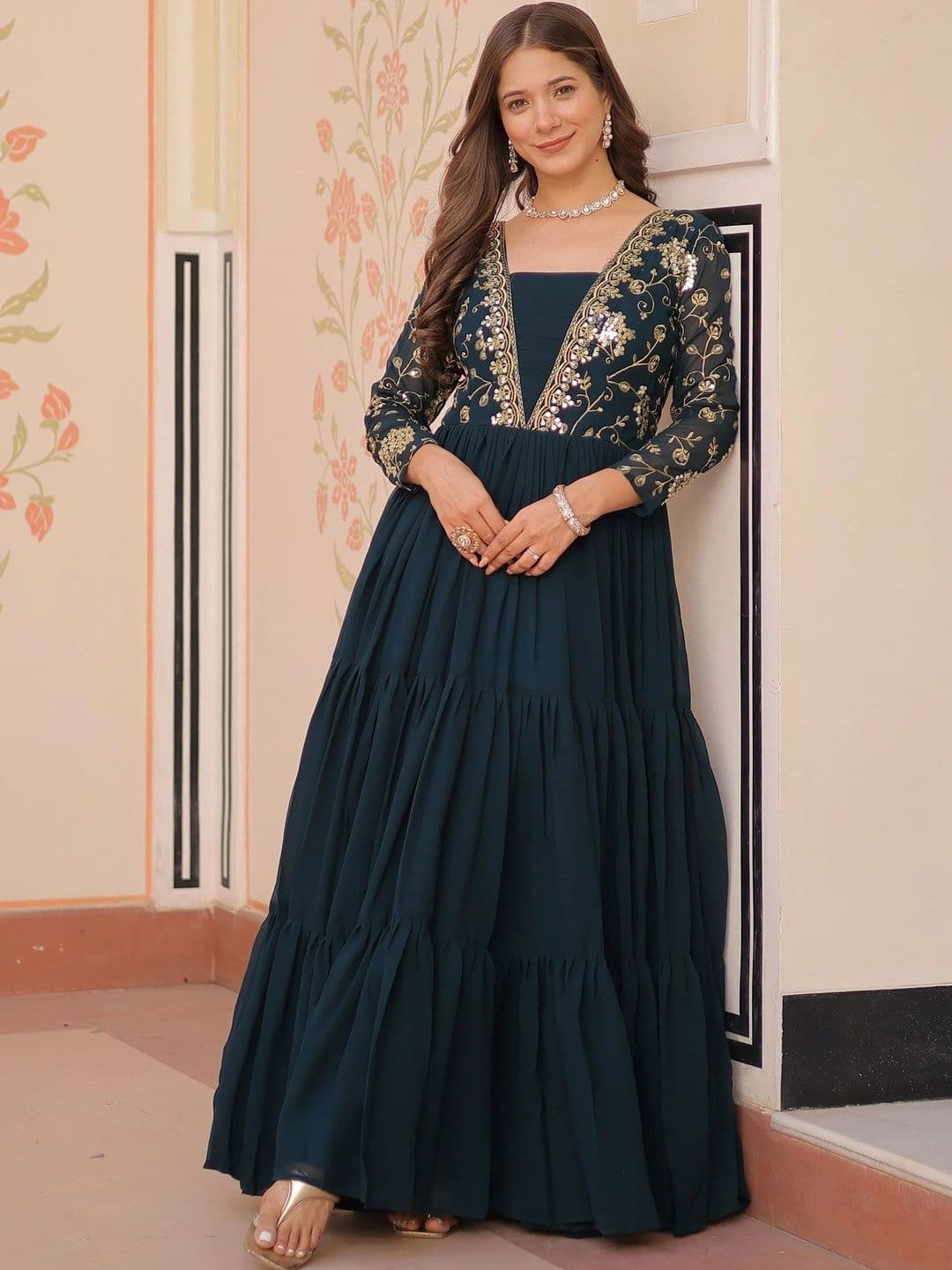 Sangria Embroidered Sequinned Fit & Flare Maxi Ethnic Dresses - view 1