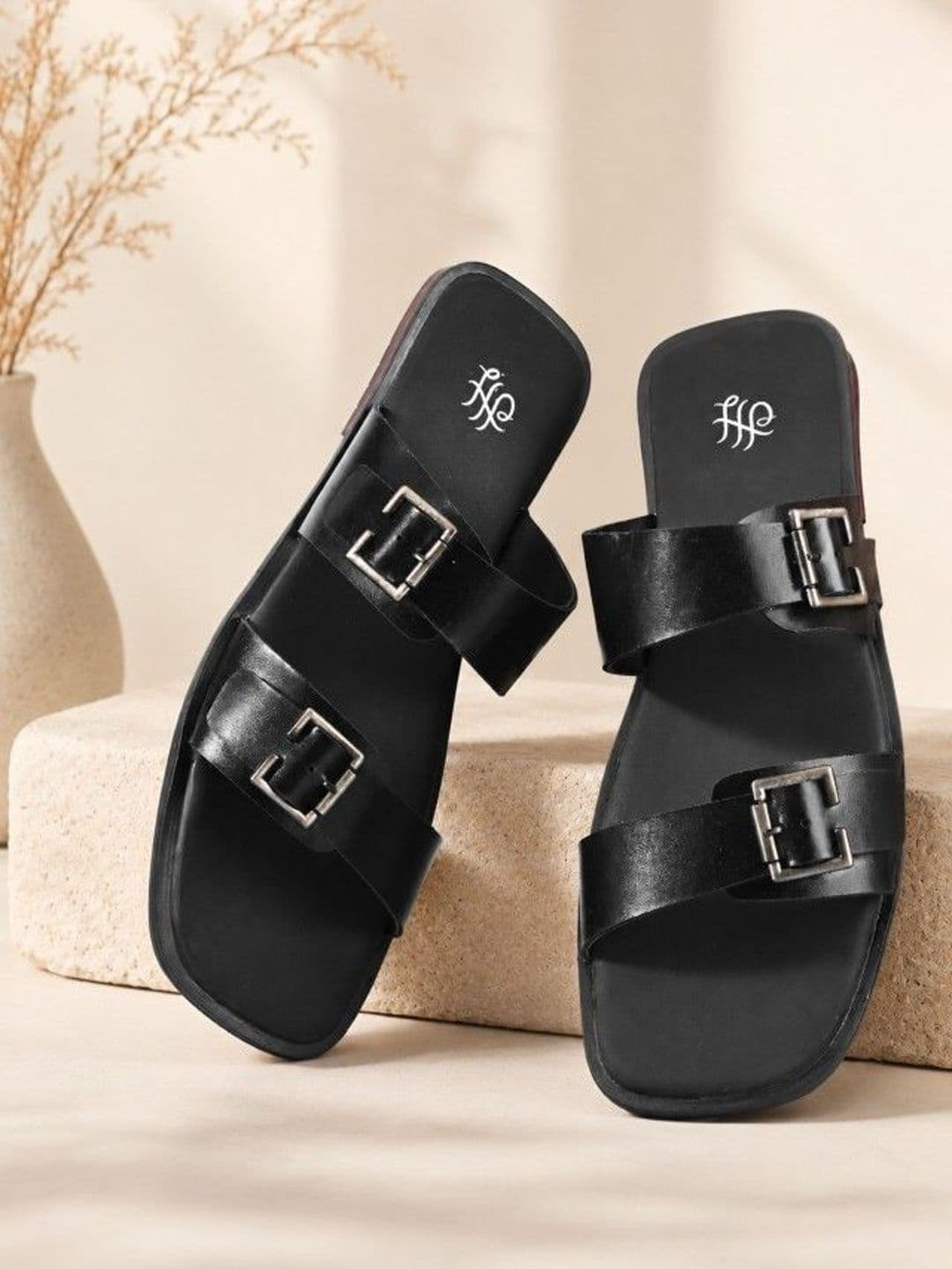 House of Pataudi Men Black Casual Slip On T-Strap Anti Slip Flat Heel Lightwieght Sandals - view 1