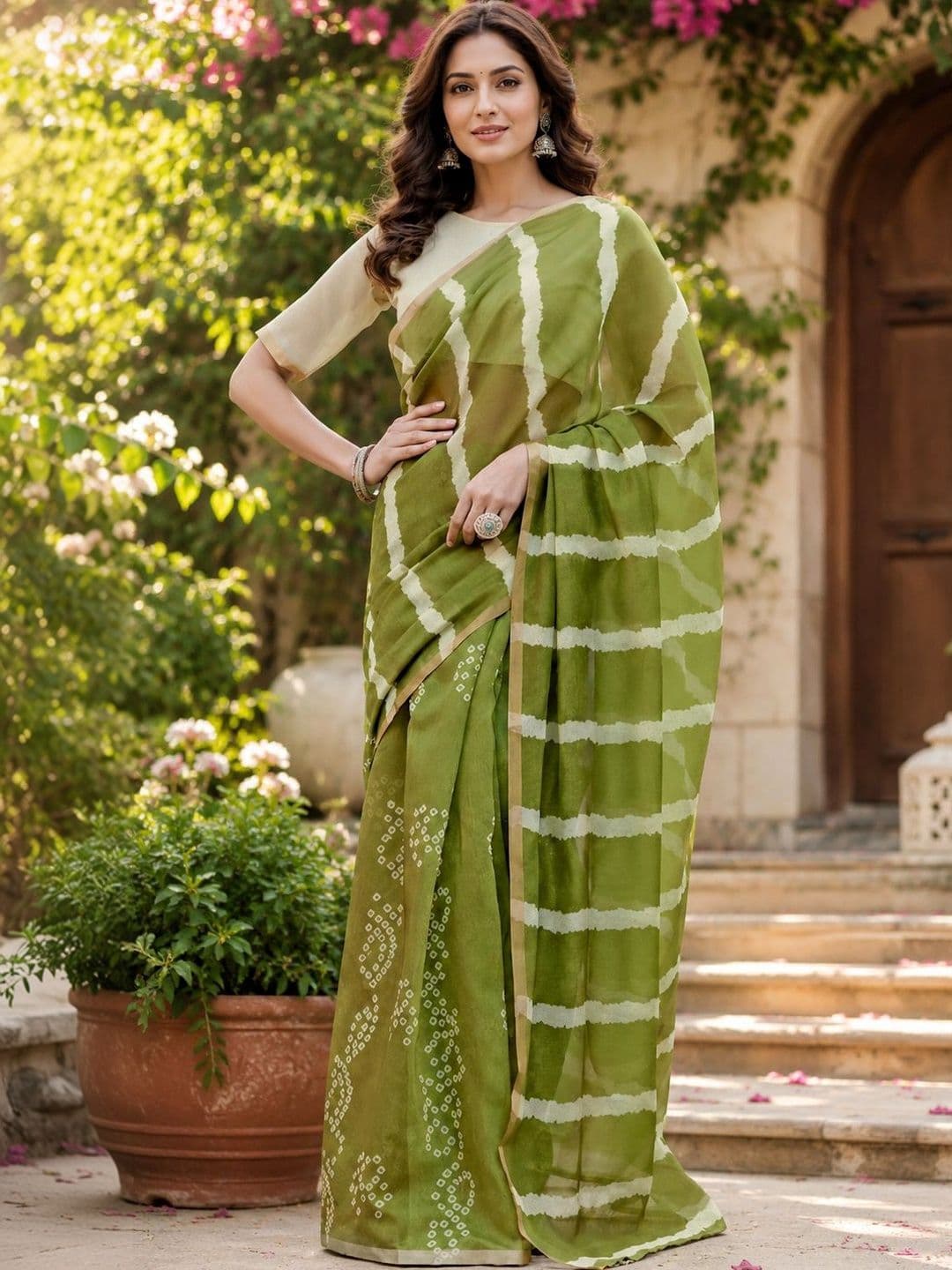 Elora Mehendi Green Chanderi Cotton Shibori Striped Printed Ready To Wear Saree - view 1