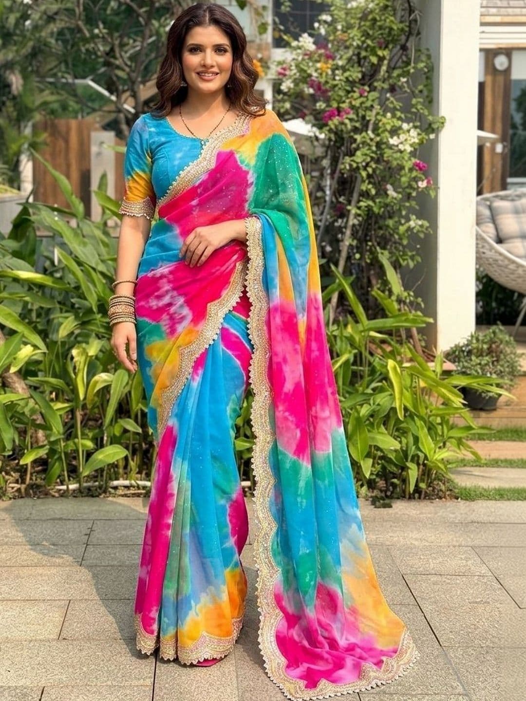 Sangria Tie and Dye Sequinned Pure Georgette Leheriya Saree - view 1