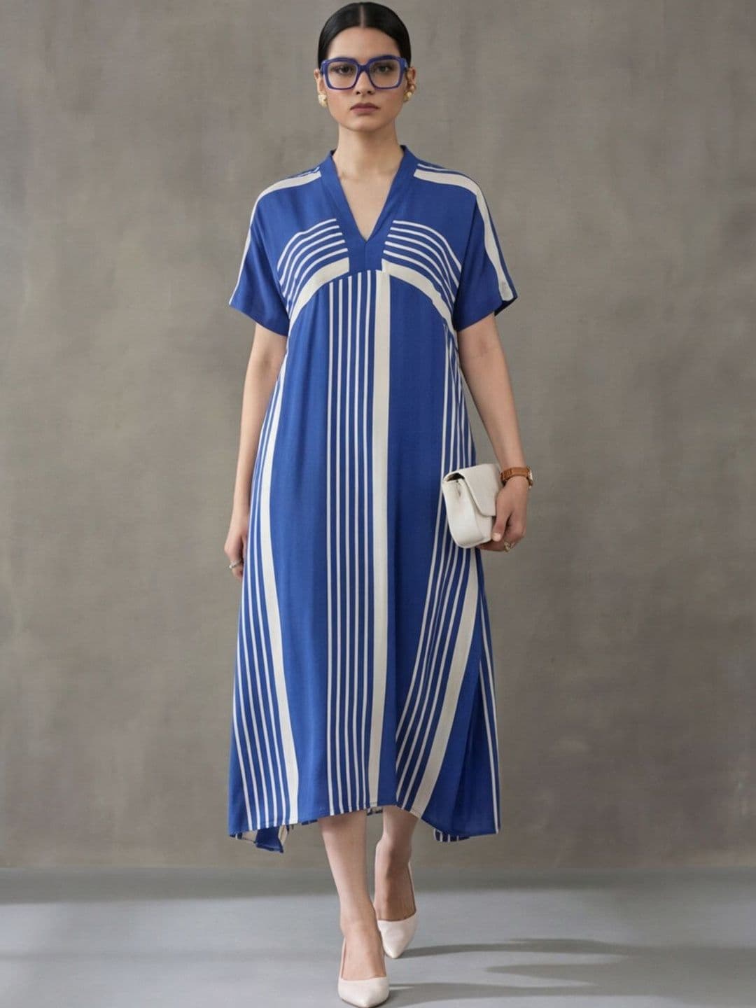 Navibhu Striped V-Neck A-Line Ethnic Dresses - view 1