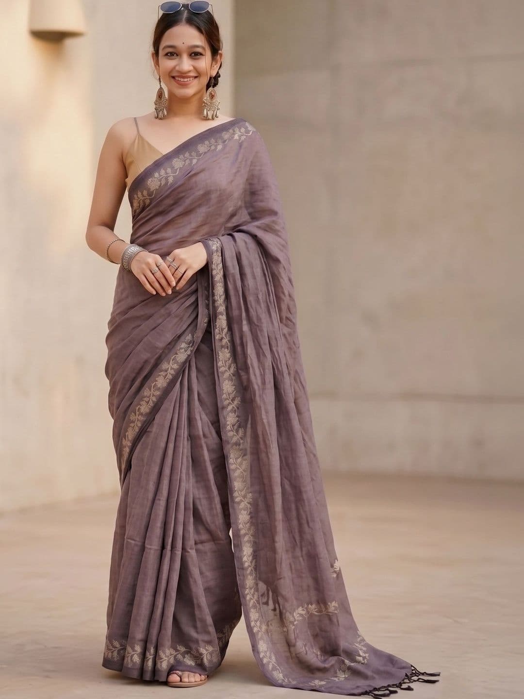 ABC ANY BUDY CLEAN Floral Embroidered Pure Linen Handloom Saree - view 1