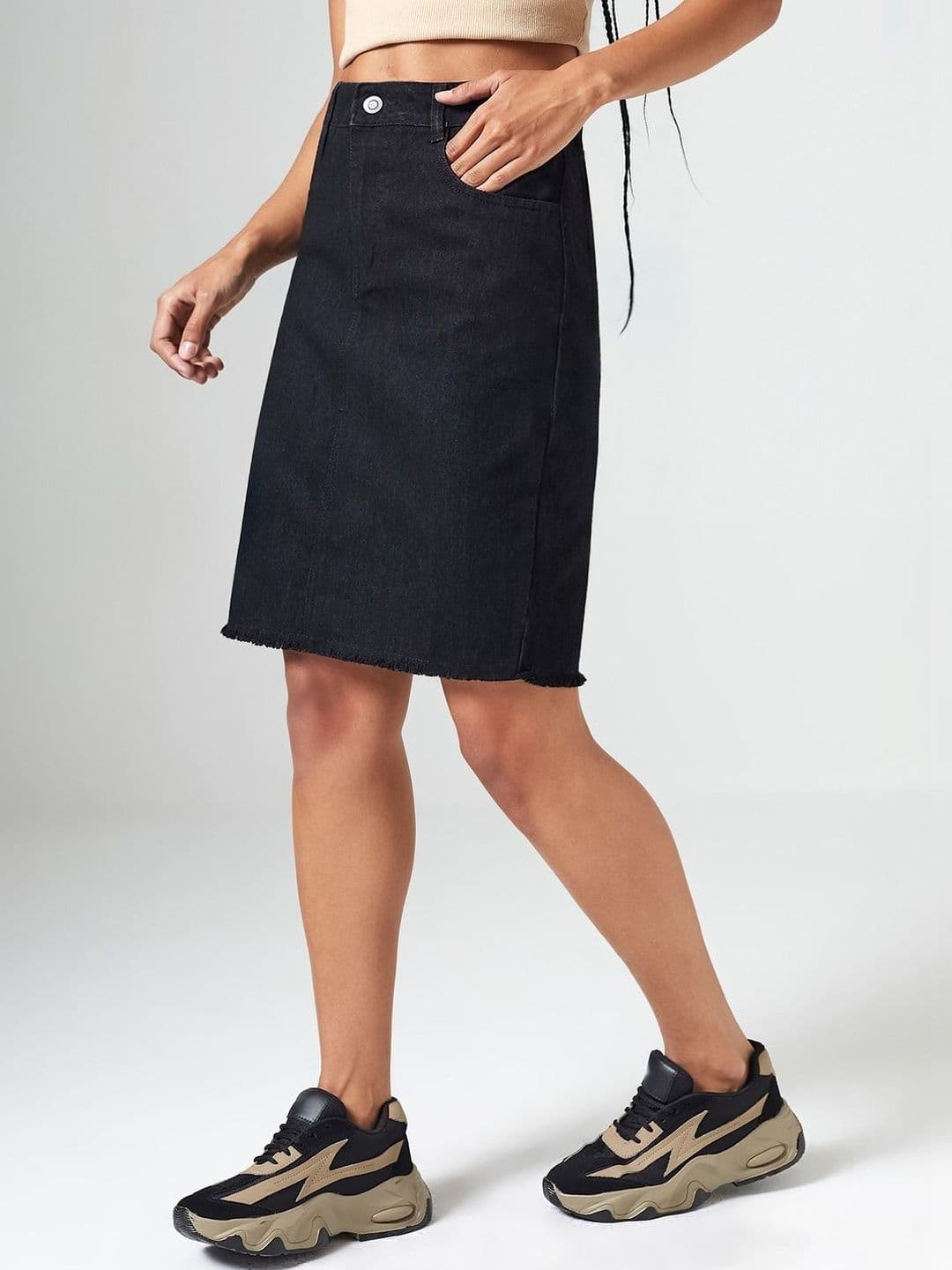DOLCE CRUDO Women Black Bodycon High Rise Clean Look Above Knee Denim Skirt - view 1