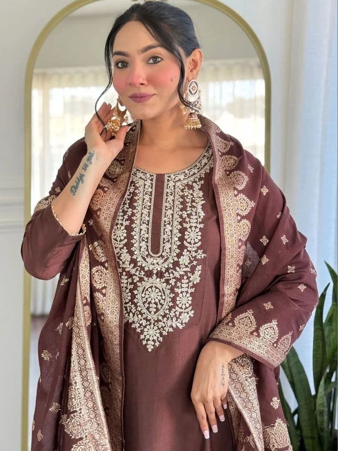 PAVANPUTRA FAB Women Ethnic Motifs Embroidered Regular Thread Work Kurta with Trousers & With Dupatta - view 1
