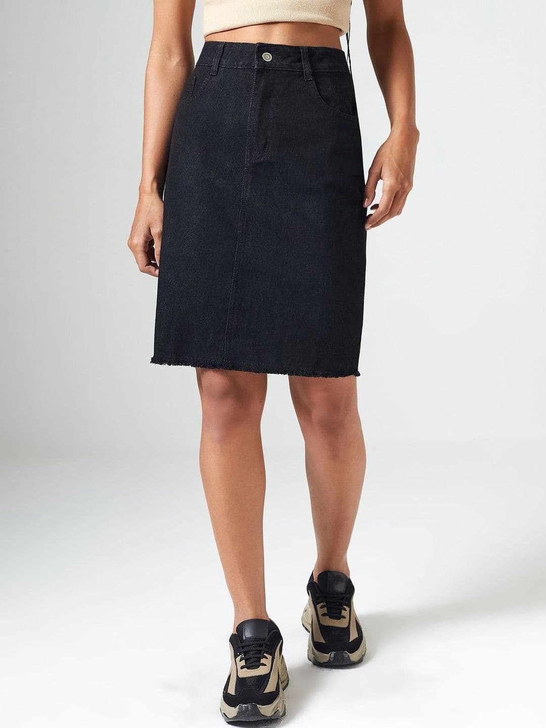 DOLCE CRUDO Women Black Bodycon High Rise Clean Look Above Knee Denim Skirt - view 1