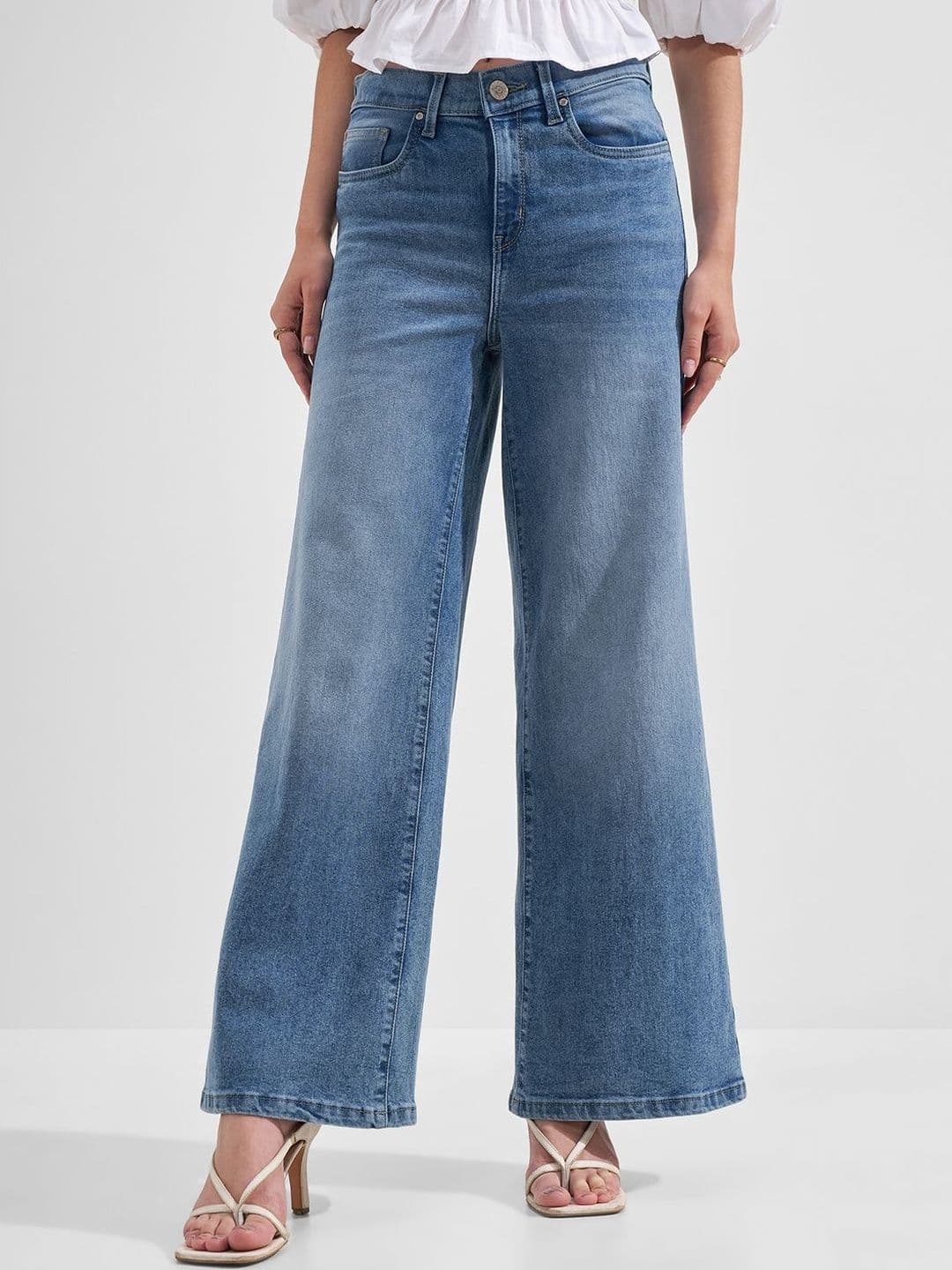 Tokyo Talkies Women Wide Leg Mid-Rise Light Fade Stretchable Jeans - view 1
