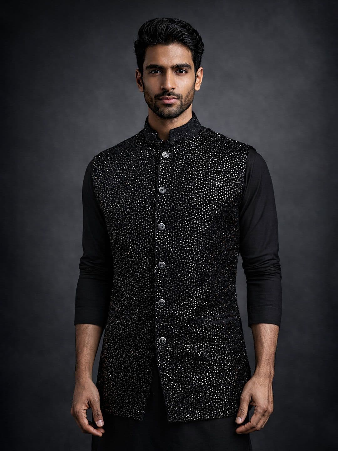 MODERN MUGHALS Embroidered Elegant Sequence Velevt Nehru Jacket - view 1