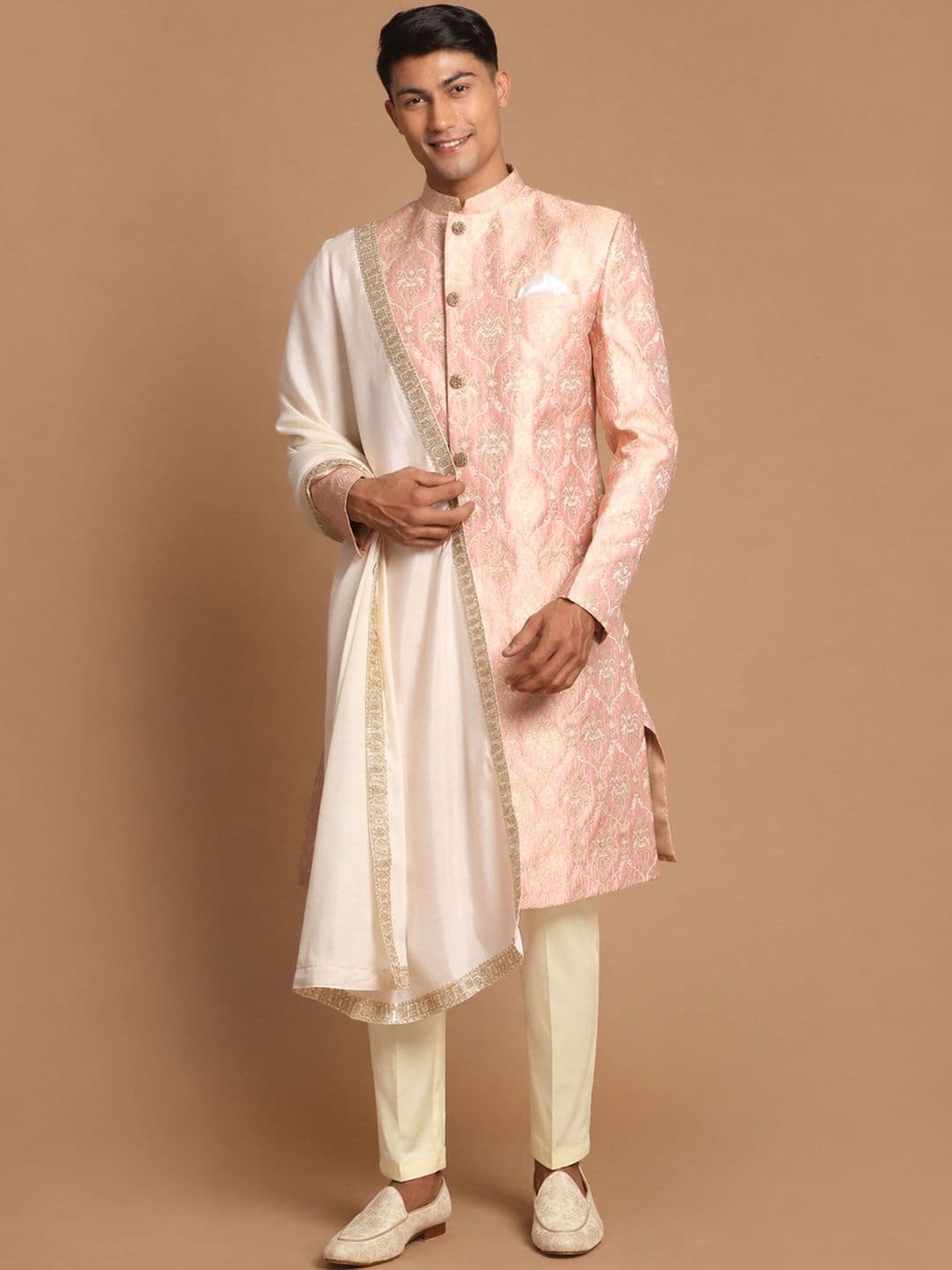 VASTRAMAY Woven Design Mandarin Collar Sherwani Set