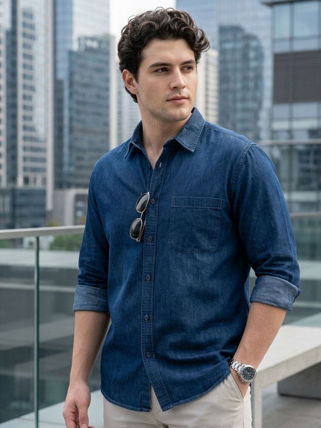 Urbano Fashion Men Spread Collar Solid Denim Casual Shirt - view 1