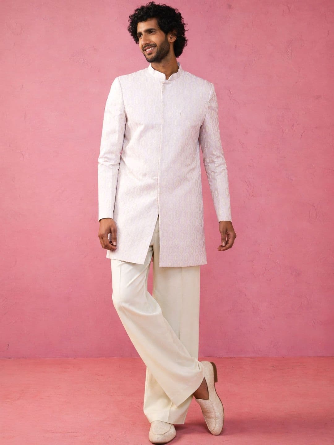 VASTRAMAY Woven Design Mandarin Collar Indo-Western Sherwani Set