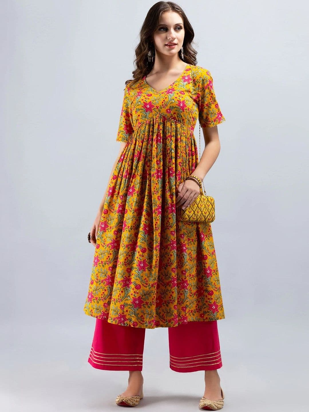 SAK JAIPUR Floral Printed V-Neck Empire Pure Cotton Gotta Patti Kurta With Palazzos - view 1