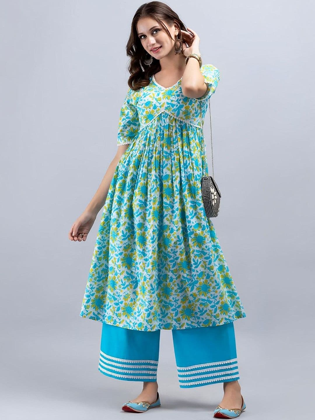 SAK JAIPUR Floral Printed Empire Pure Cotton Kurta with Palazzos - view 1