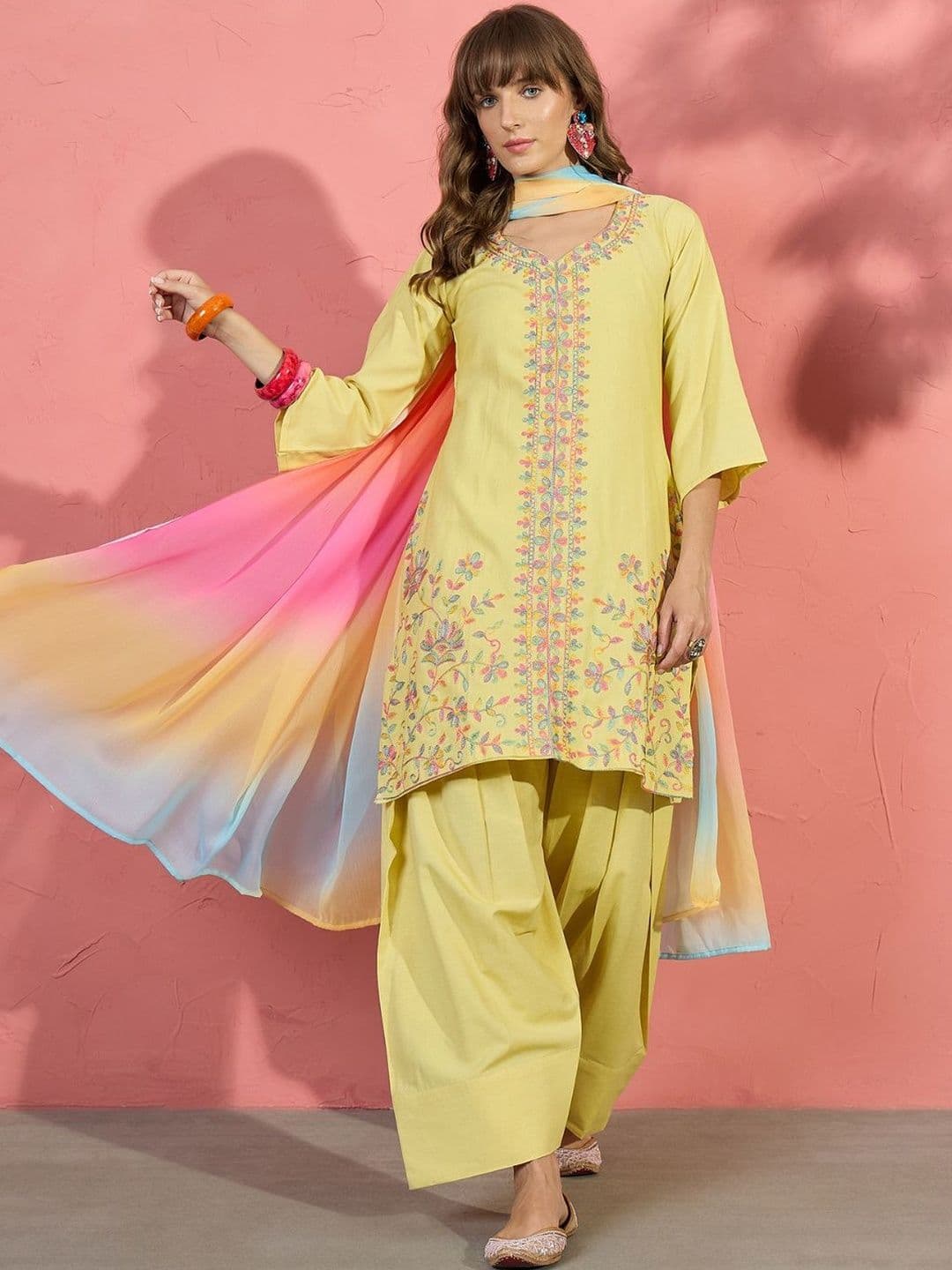 Ethnic Junction Women Floral Embroidered Thread Work Kurta with Farshi Salwar and Dupatta - view 1