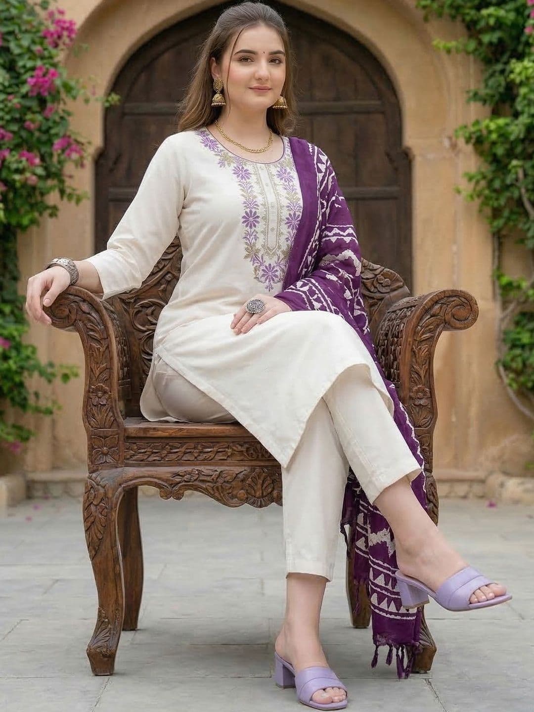 Sangria Embroidered Pure Cotton Round Neck Kurta & Trousers With Dupatta - view 1