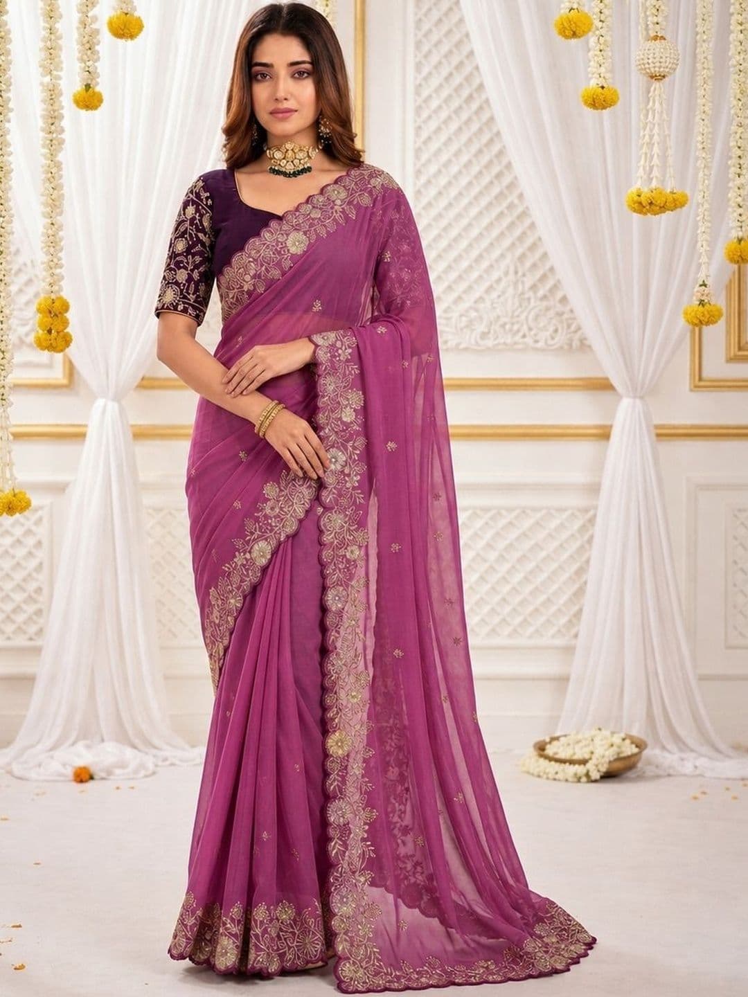Mitera Floral Embroidered Poly Georgette Heavy Work Saree - view 1