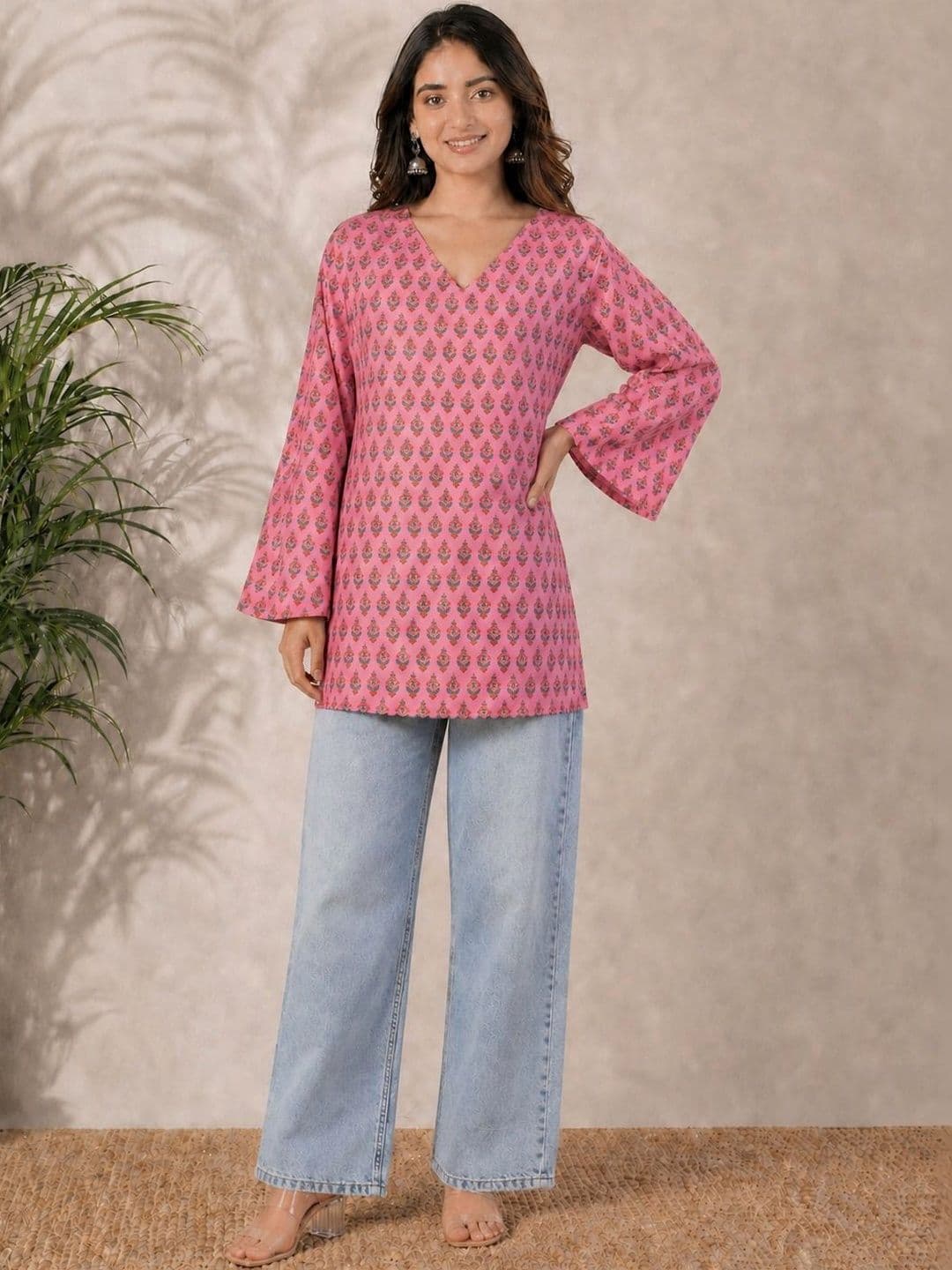 Sangria Printed V-Neck Above Knee Straight Kurtas - view 1