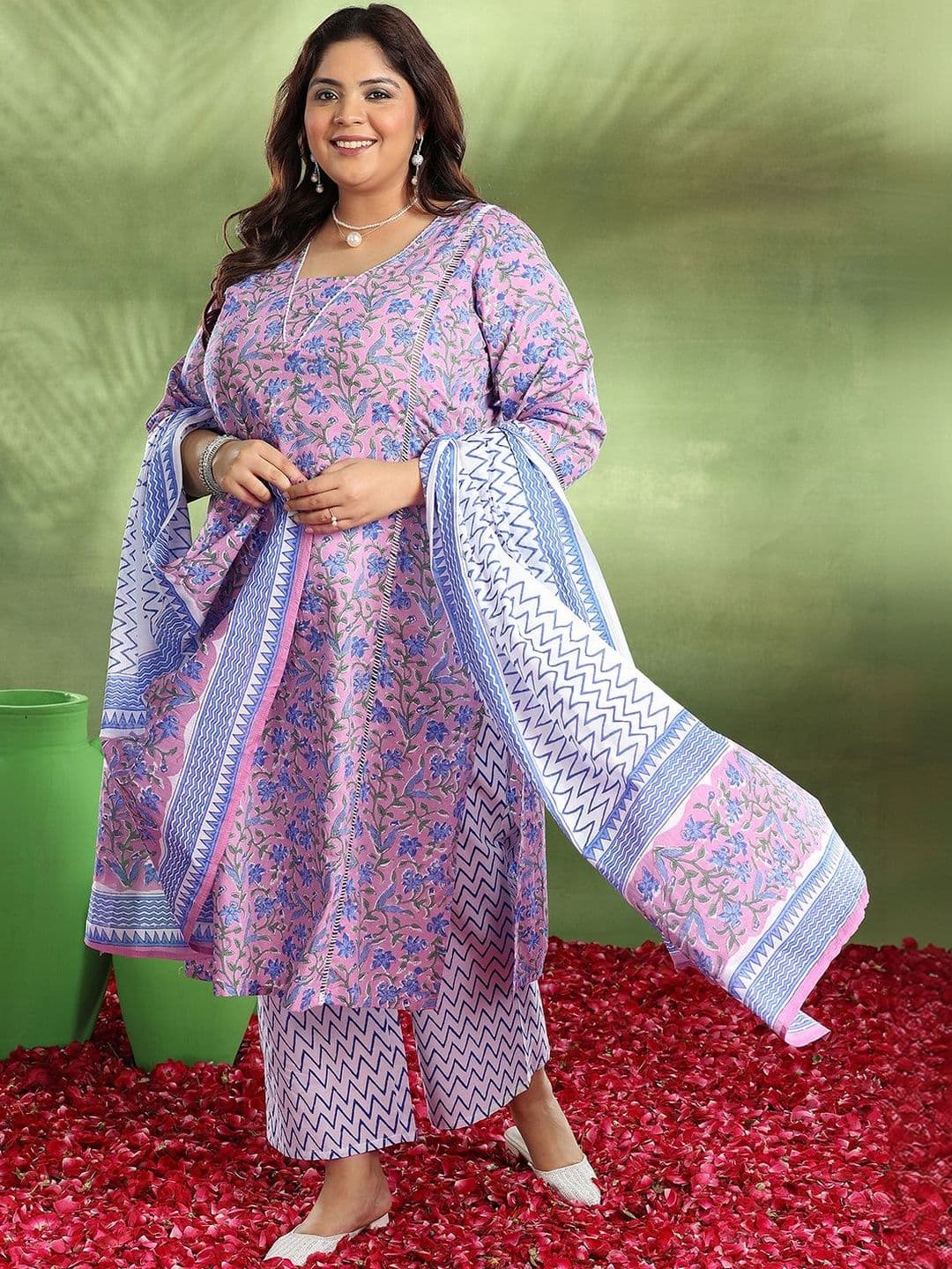 EXTRA LOVE BY LIBAS Plus Size Purple Printed Cotton Straight Suit With Dupatta - view 1
