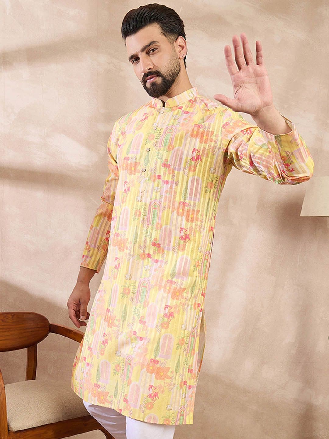 House of Pataudi Printed Mandarin Collar Knee Length Straight Kurta - view 1