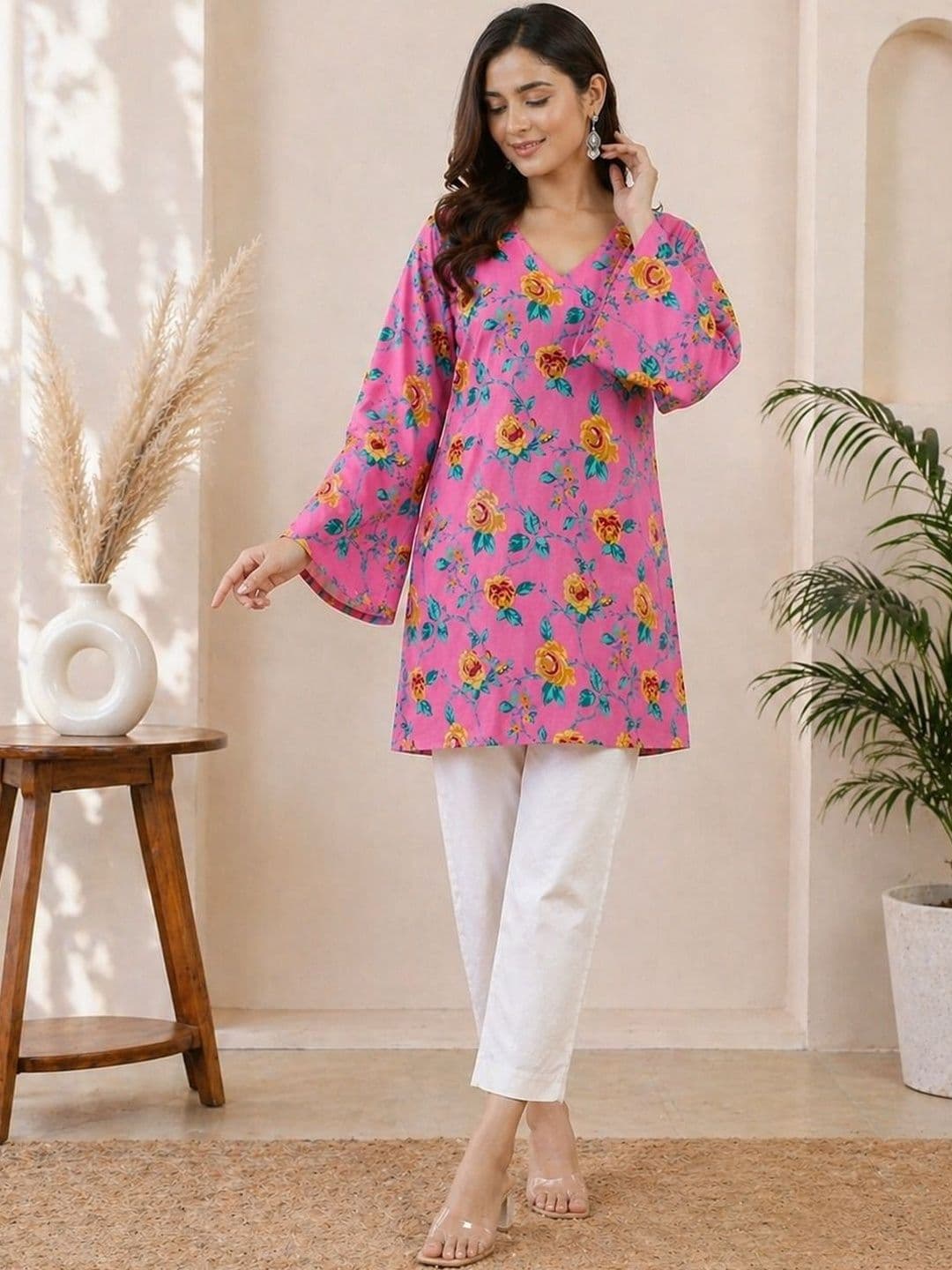 Sangria Printed V-Neck Above Knee Straight Kurtas - view 1