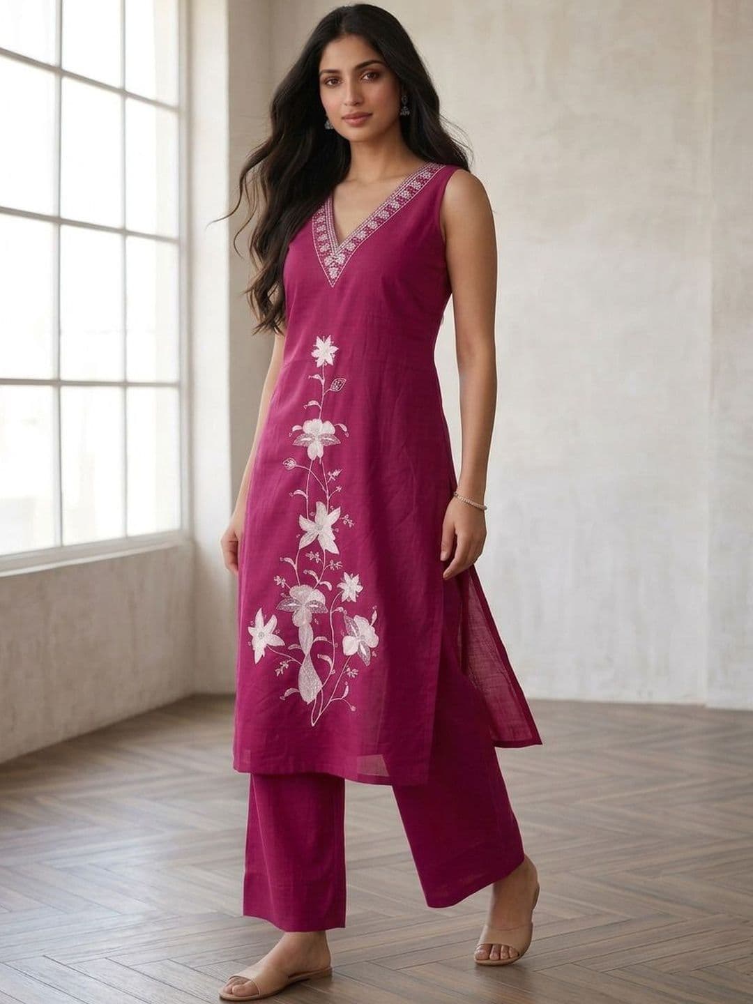 HERE&NOW Women Ethnic Motifs Embroidered Regular Thread Work Kurta with Trousers - view 1