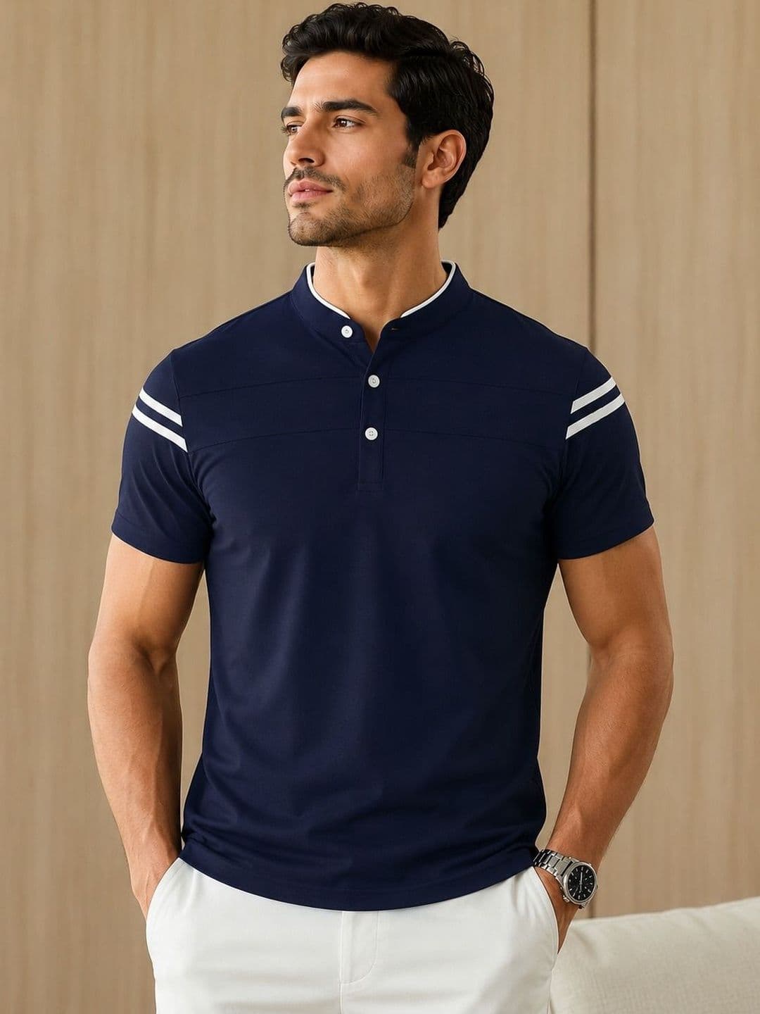 Mast & Harbour Men Colourblocked Mandarin Collar T-shirt - view 1
