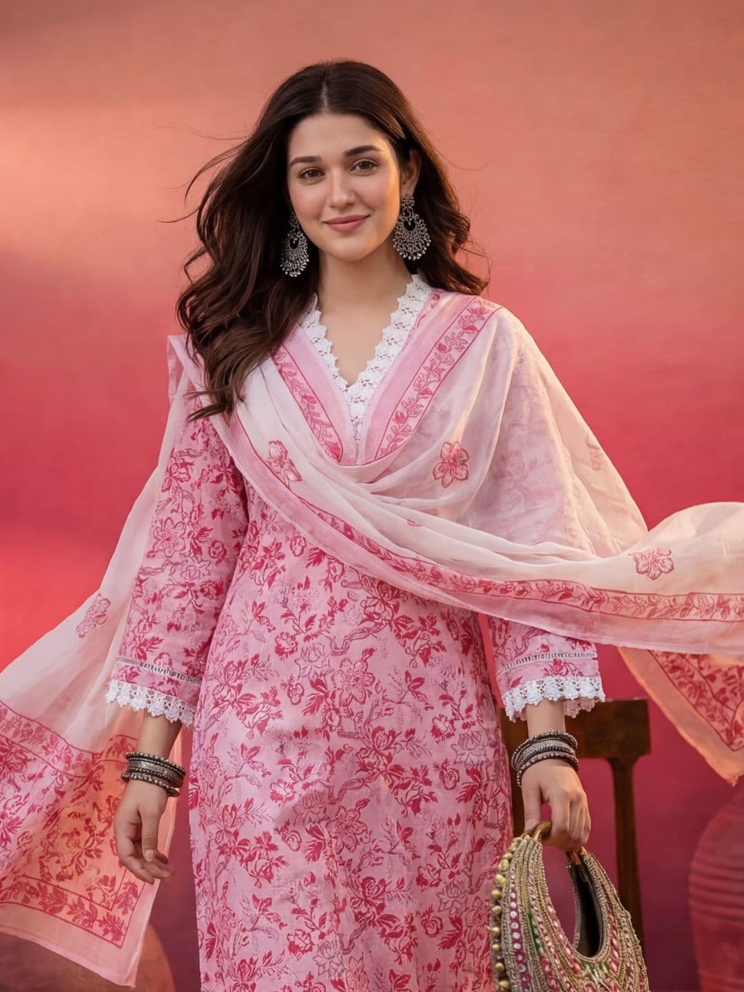 Sangria Printed Pure Cotton V-Neck Kurta & Trousers With Dupatta - view 1