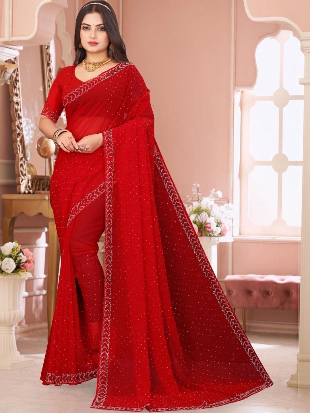 Fashion Mantra Embellished Poly Chiffon Saree - view 1