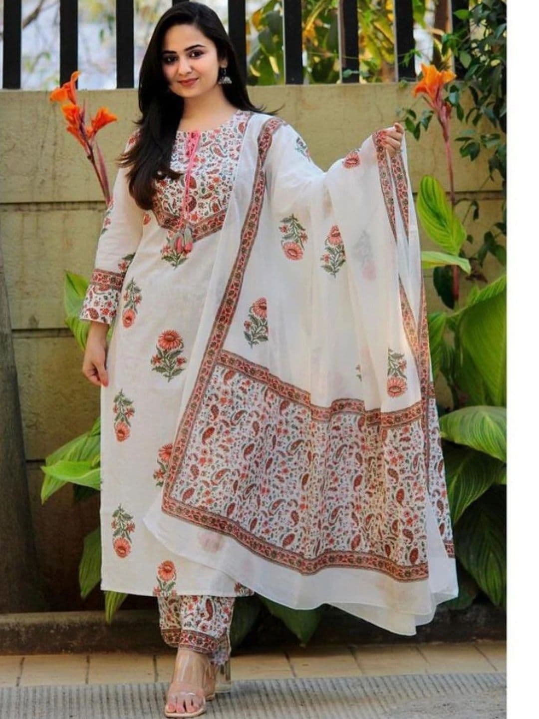 HR FASHION ZONE Women Ethnic Motifs Printed Regular Pure Cotton Kurta with Trousers & With Dupatta - view 1
