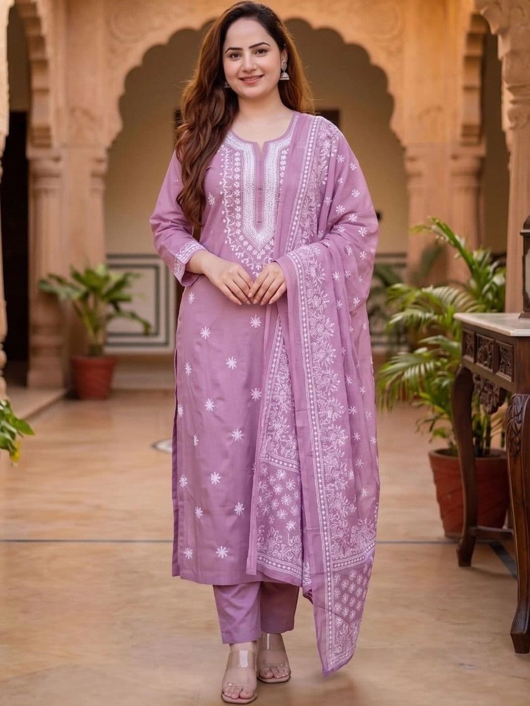 RADHEY KRISHNA CREATION Women Ethnic Motifs Embroidered Regular Chikankari Kurta with Trousers & With Dupatta - view 1