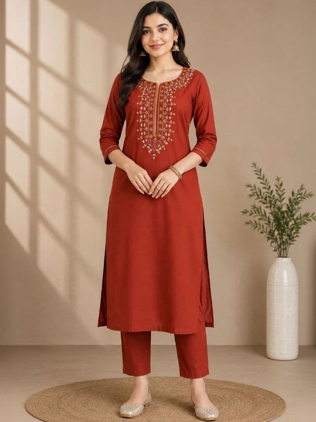 SAVYO Women Ethnic Motifs Embroidered Regular Thread Work Kurta with Trousers - view 1