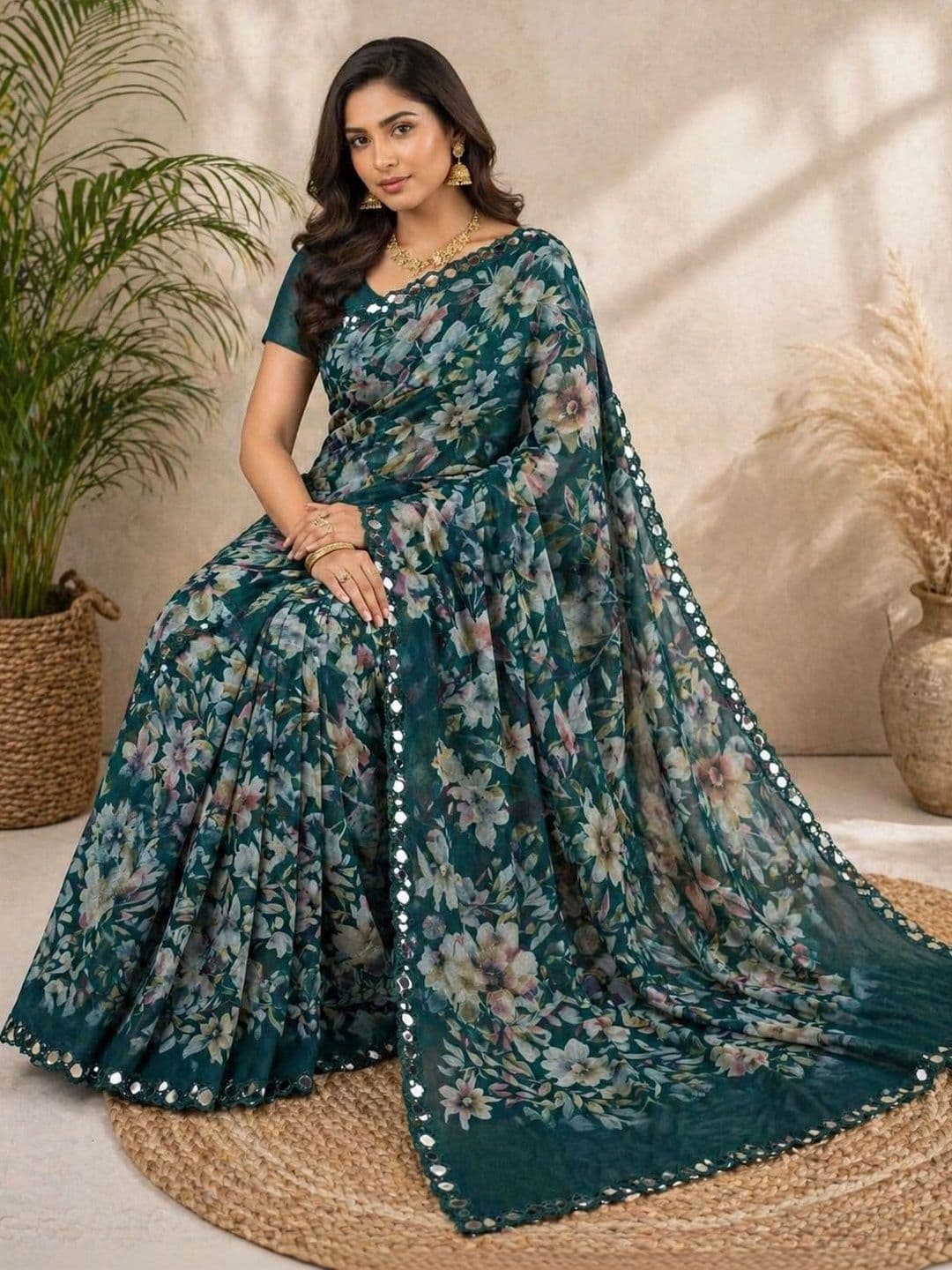 Fashion Mantra Floral Mirror Work Poly Georgette Saree - view 1